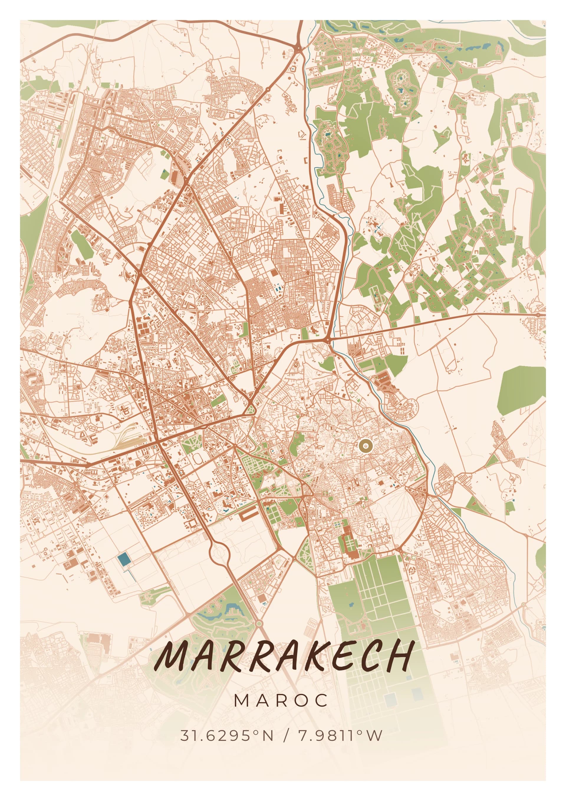 Affiche de Marrakech, d’après la carte réelle, palette Tadelakt, fond Détaillé