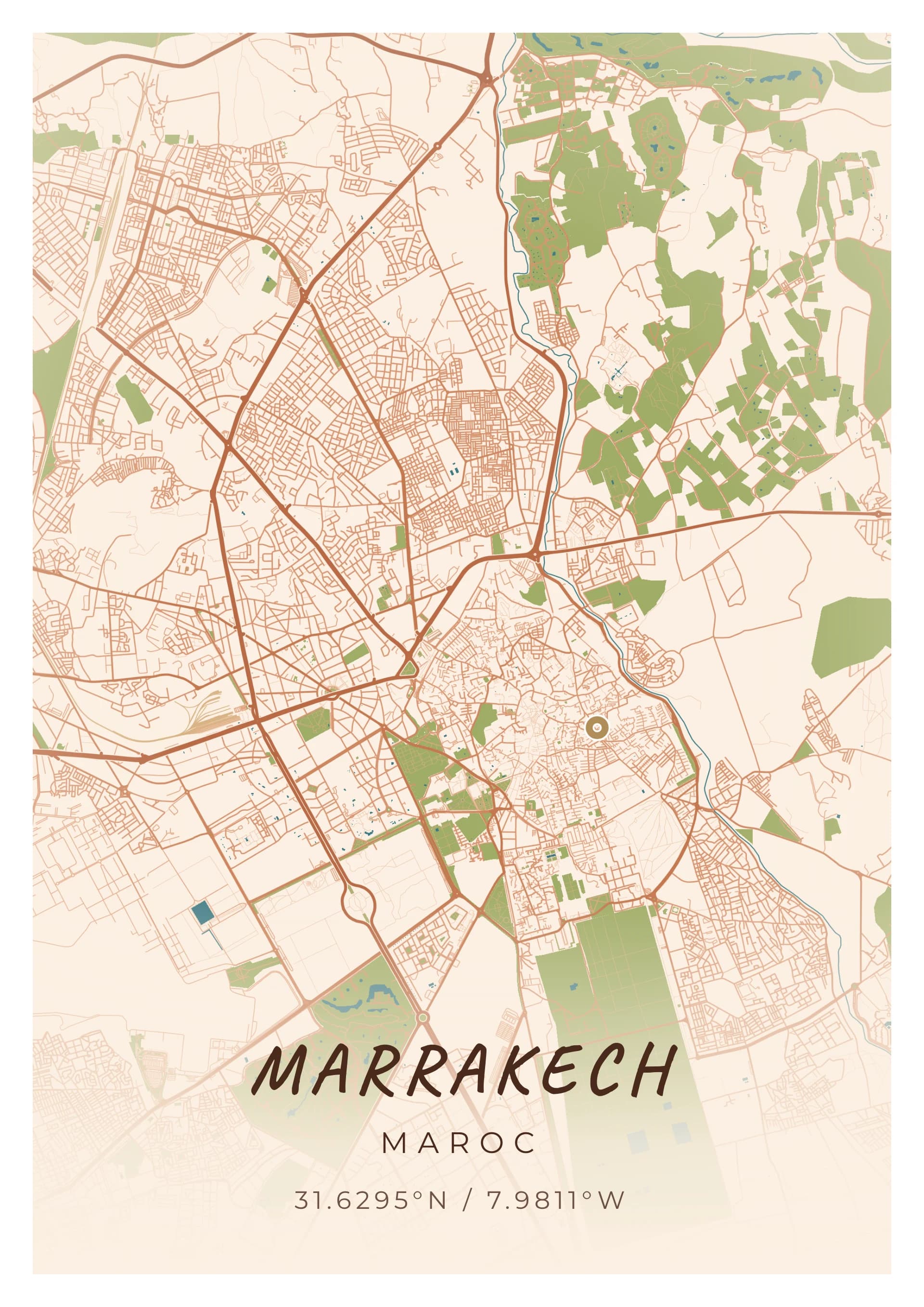 Affiche de Marrakech, d’après la carte réelle, palette Tadelakt, fond Épuré