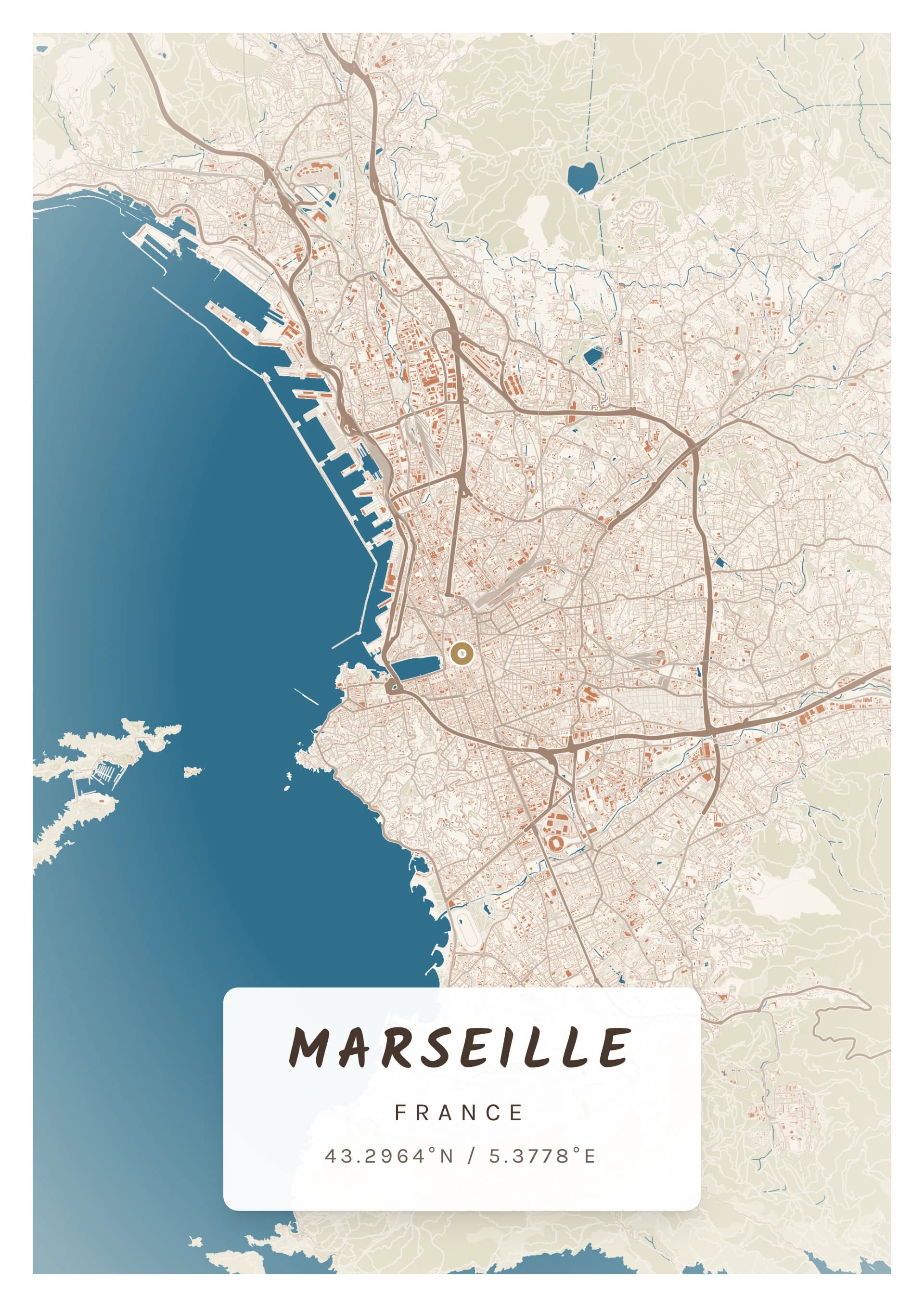 Affiche de Marseille, d’après la carte réelle, palette Calanque, fond Détaillé
