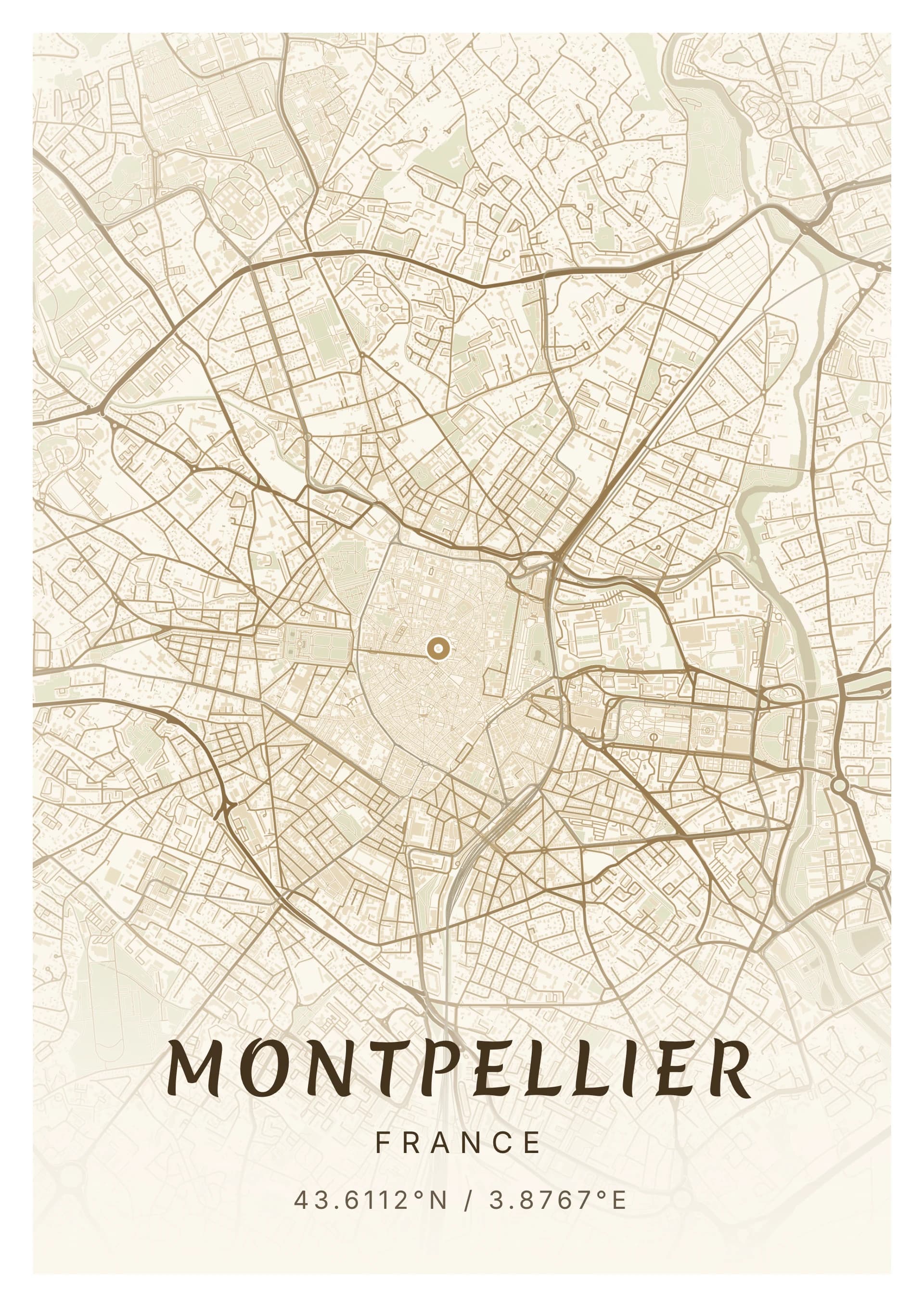 Affiche de Montpellier, d’après la carte réelle, palette Arceaux, fond Détaillé