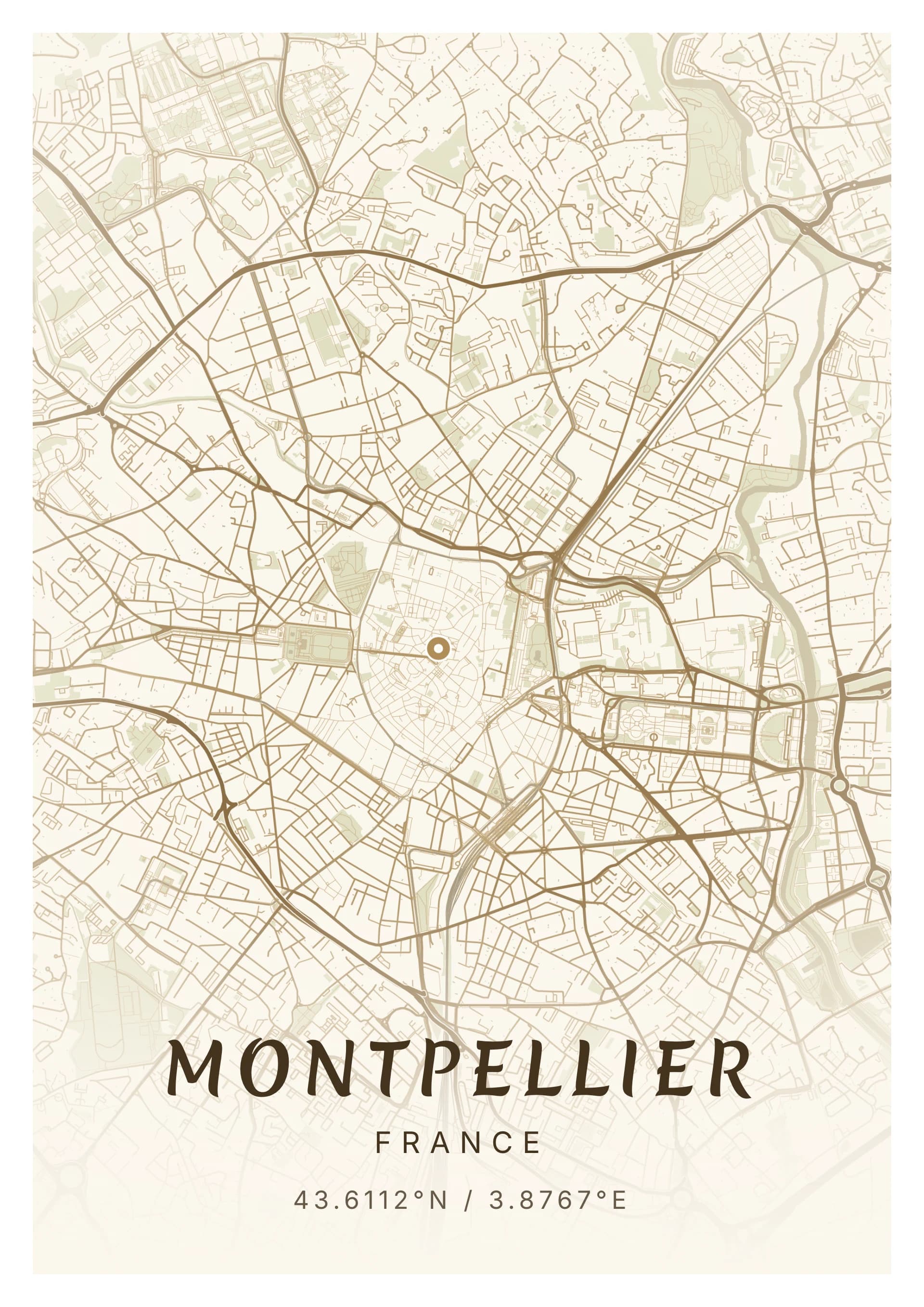 Affiche de Montpellier, d’après la carte réelle, palette Arceaux, fond Épuré