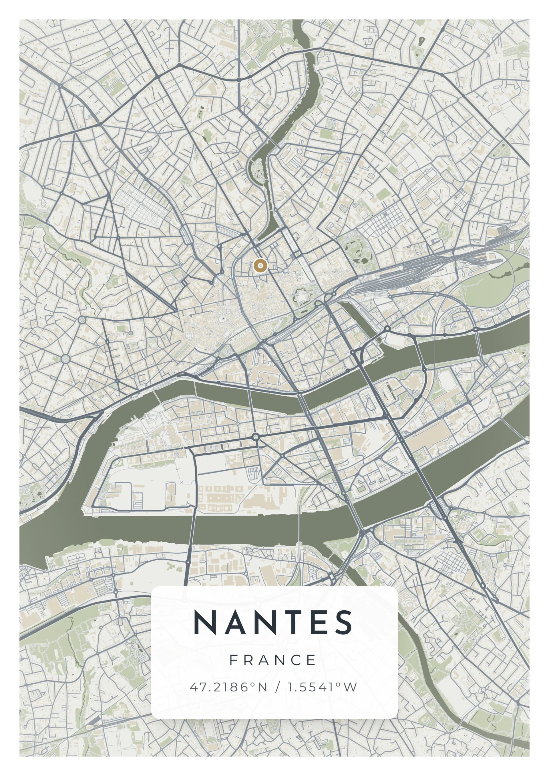 Affiche de Nantes, d’après la carte réelle, palette Granite nantais, fond Détaillé