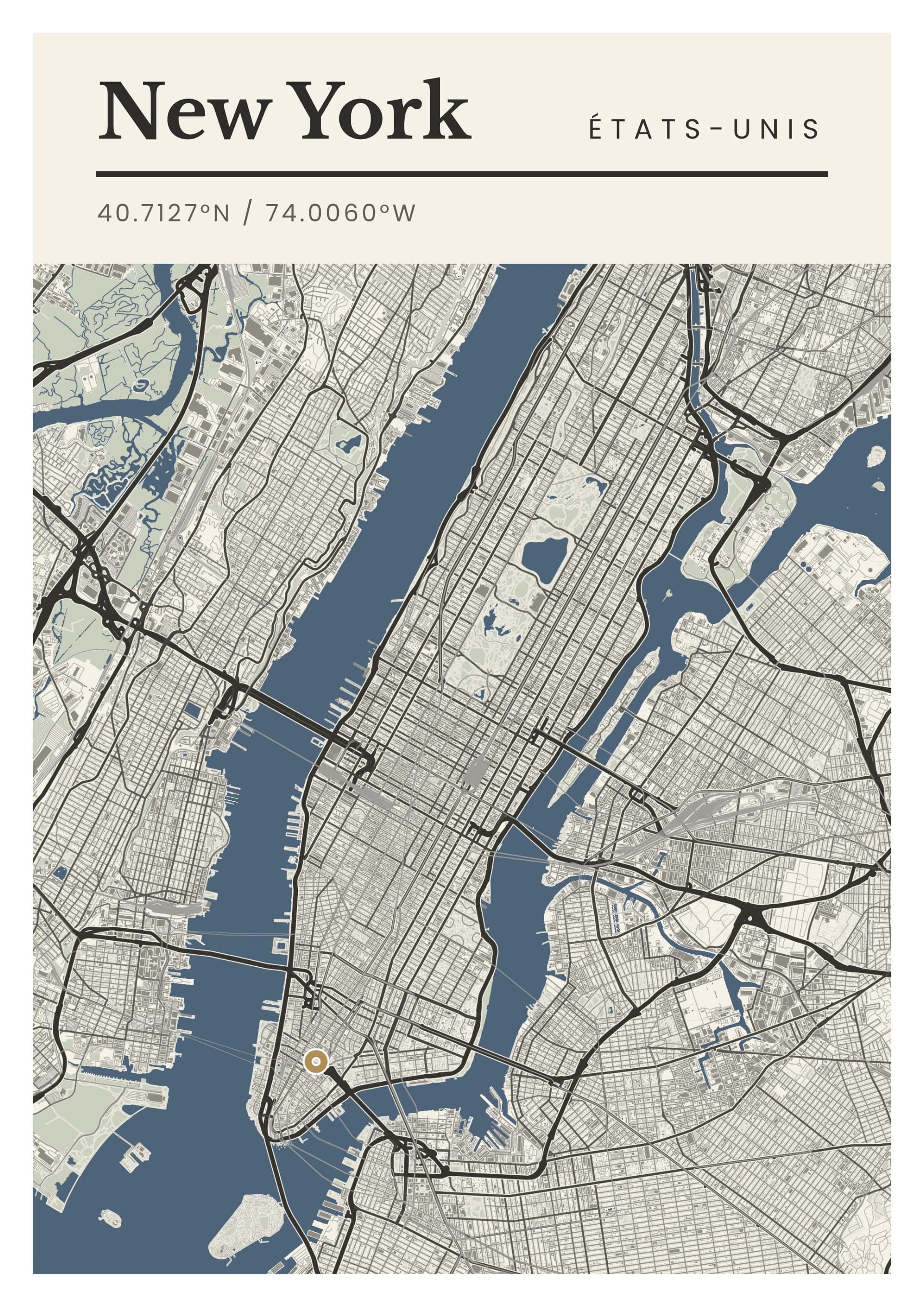 Affiche de New York, d’après la carte réelle, palette Granit et ardoise, fond Détaillé