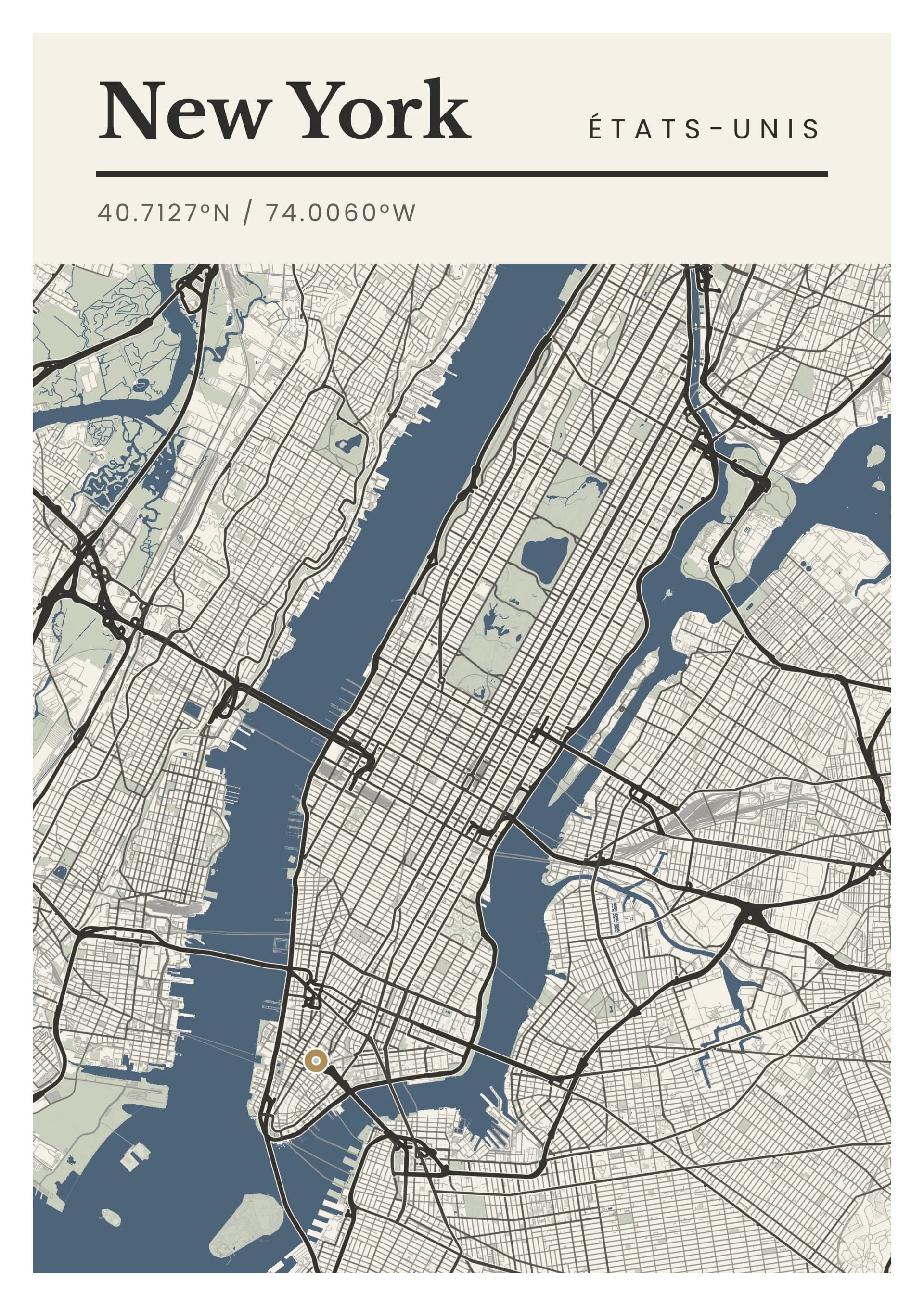 Affiche de New York, d’après la carte réelle, palette Granit et ardoise, fond Épuré
