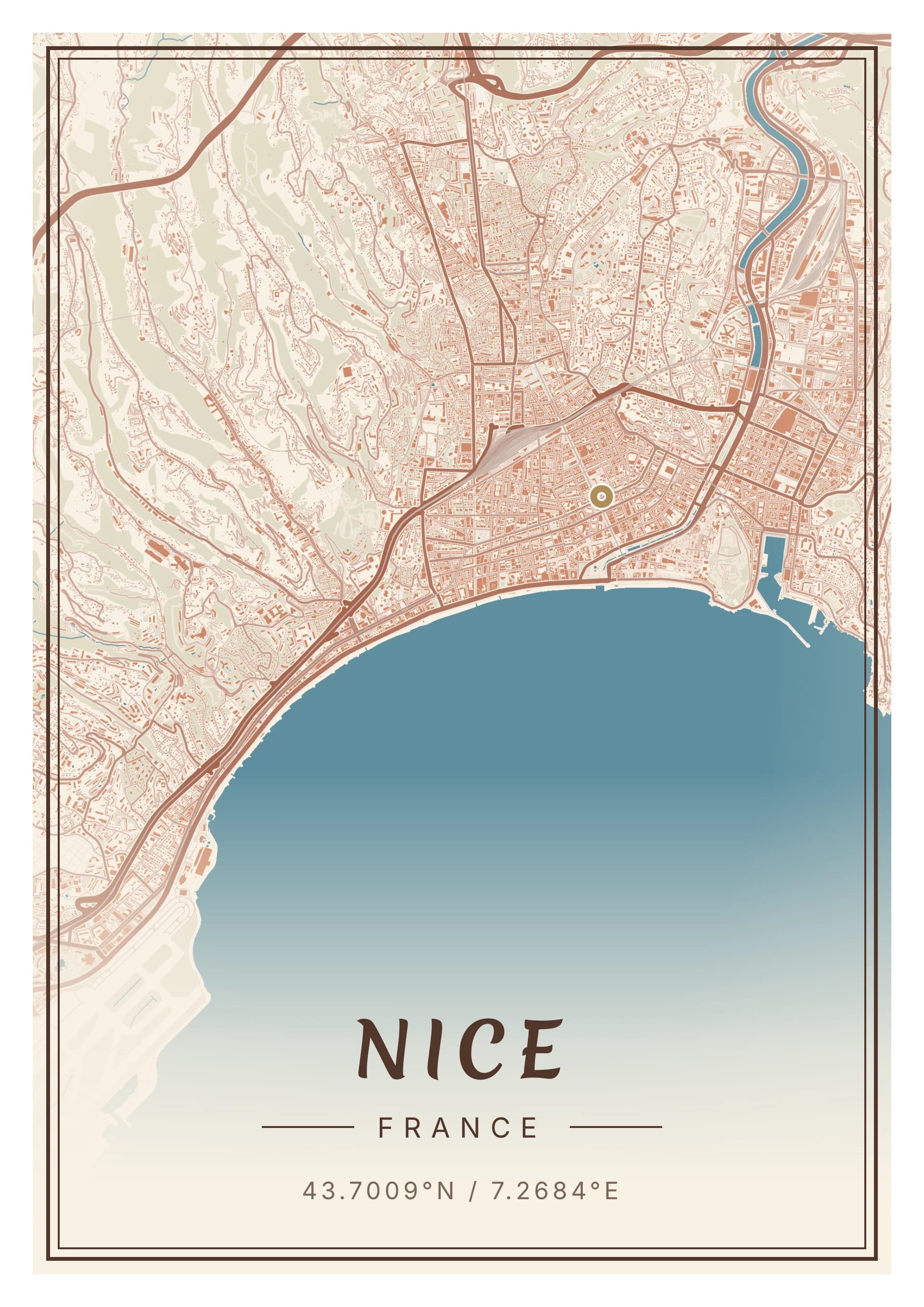 Affiche de Nice, d’après la carte réelle, palette Calcaire et baie, fond Détaillé