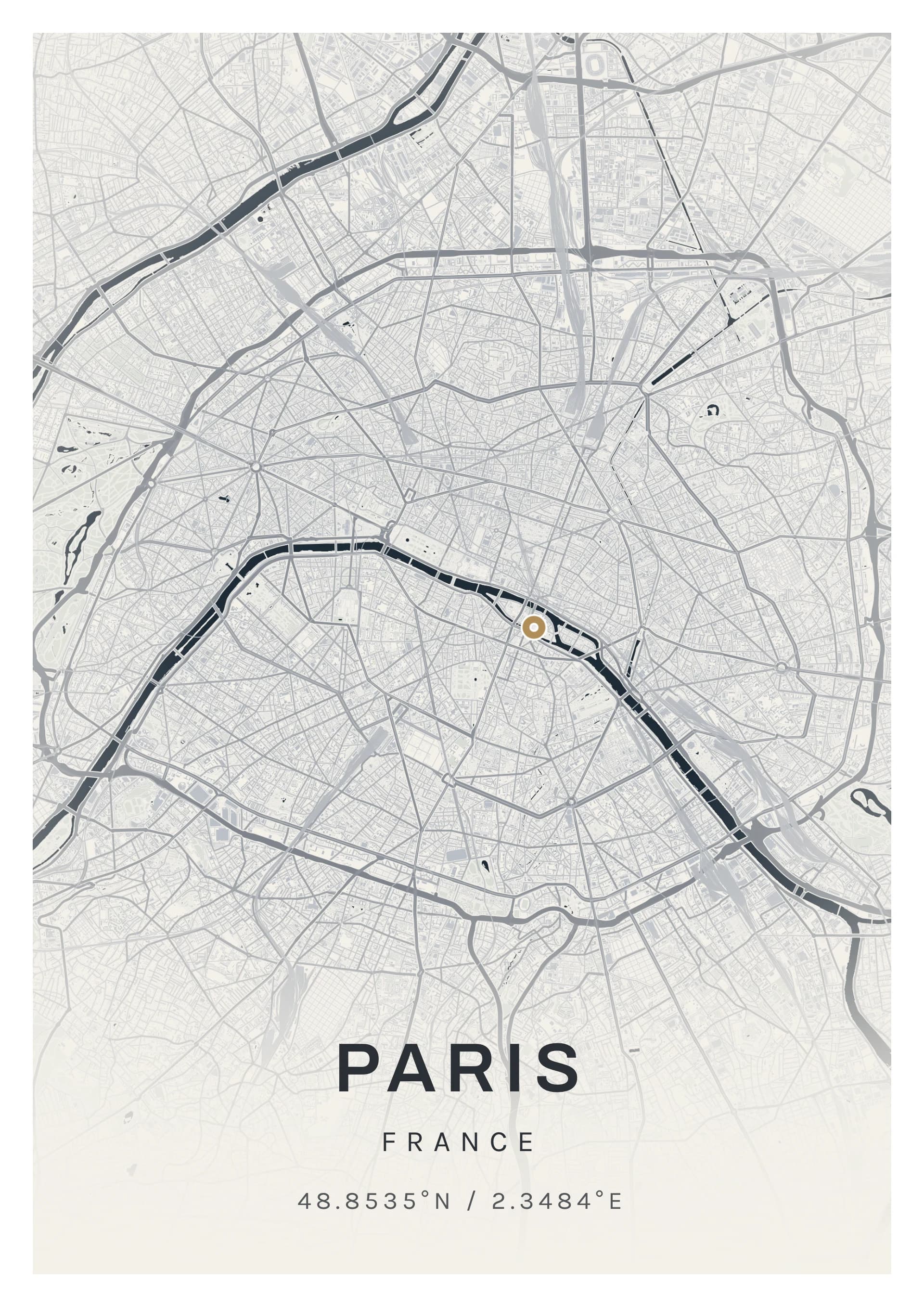 Affiche de Paris, d’après la carte réelle, palette Zinc et Seine, fond Détaillé