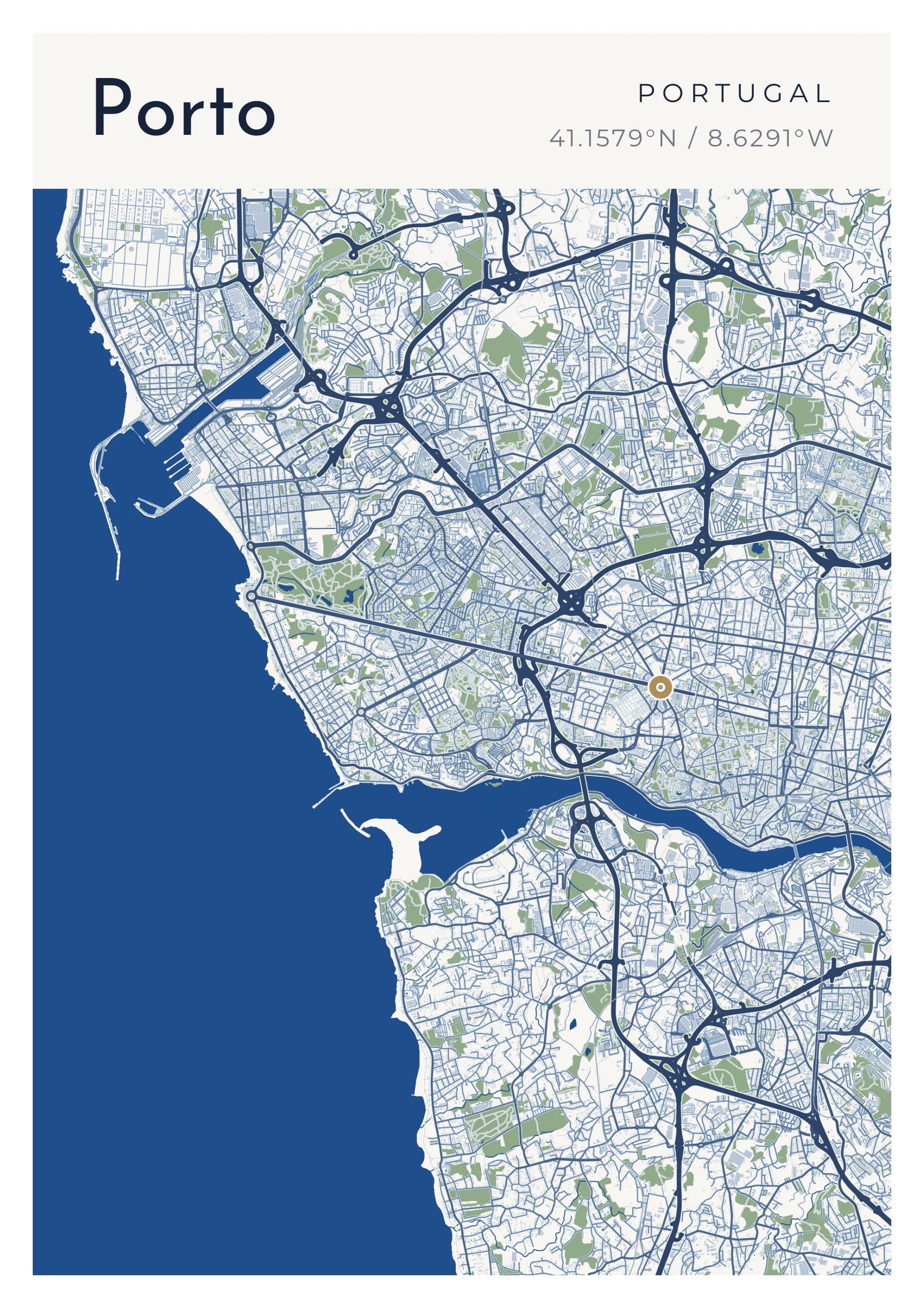 Affiche de Porto, d’après la carte réelle, palette Azulejo, fond Détaillé
