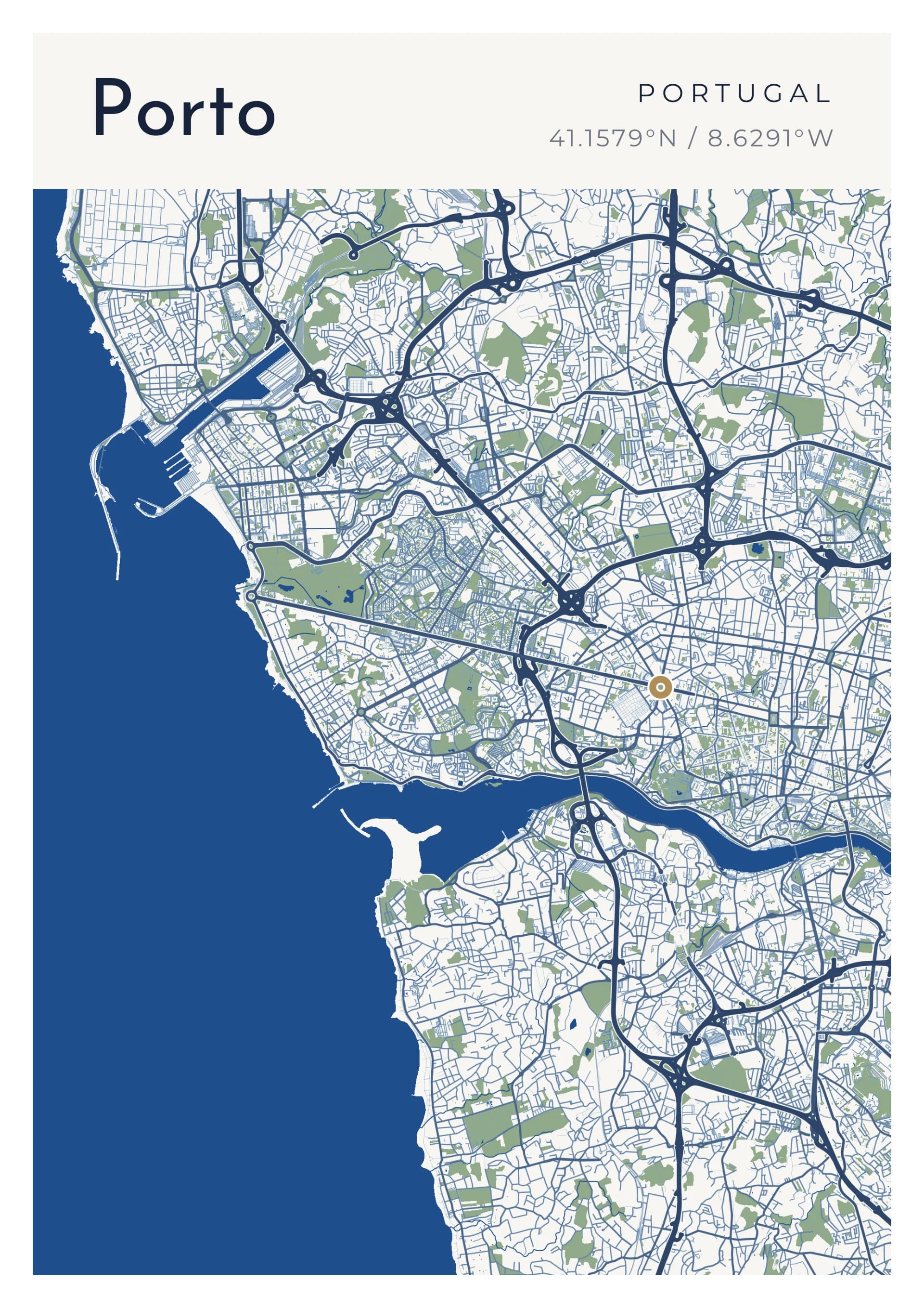 Affiche de Porto, d’après la carte réelle, palette Azulejo, fond Épuré