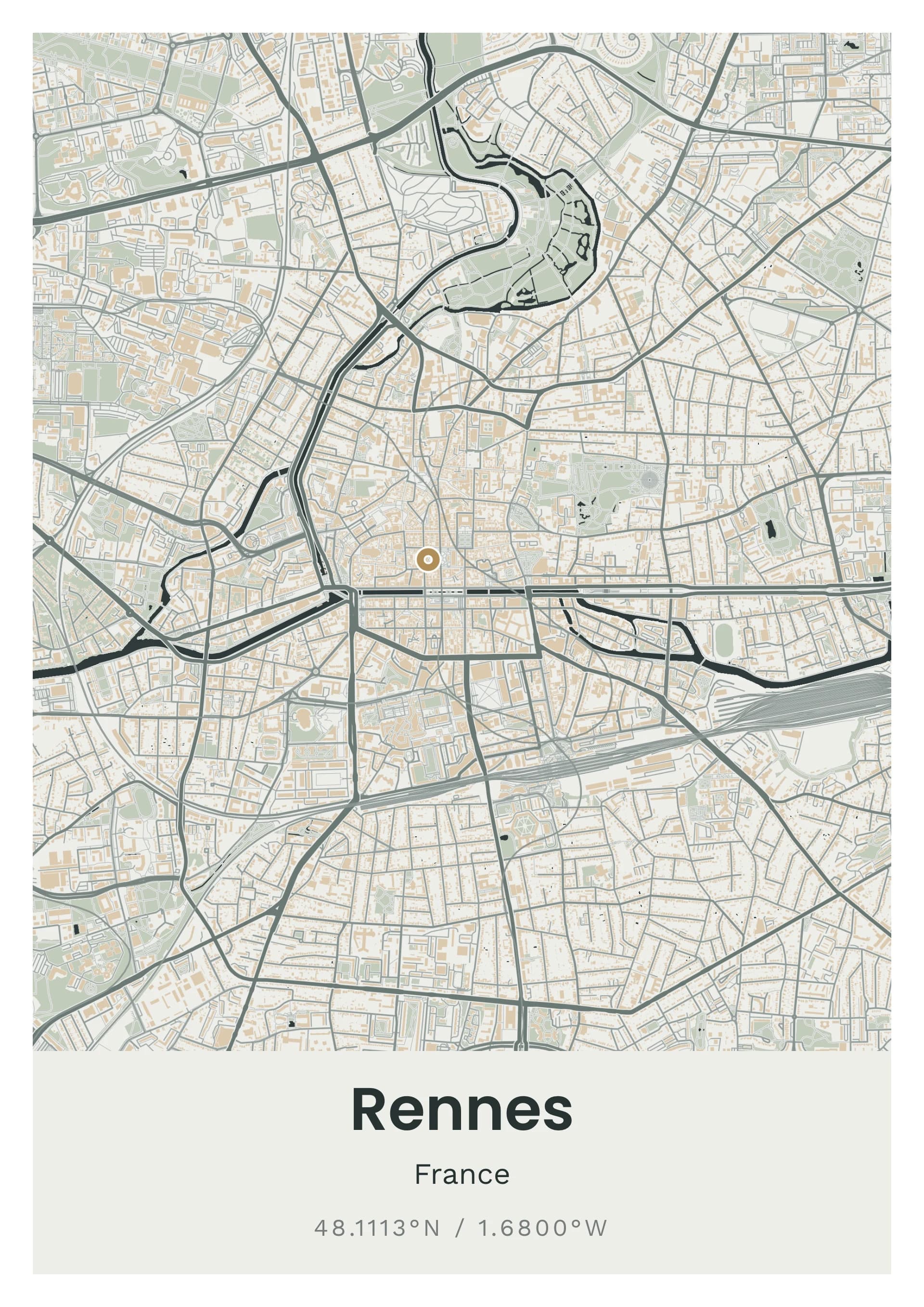 Affiche de Rennes, d’après la carte réelle, palette Schiste et ardoise, fond Détaillé