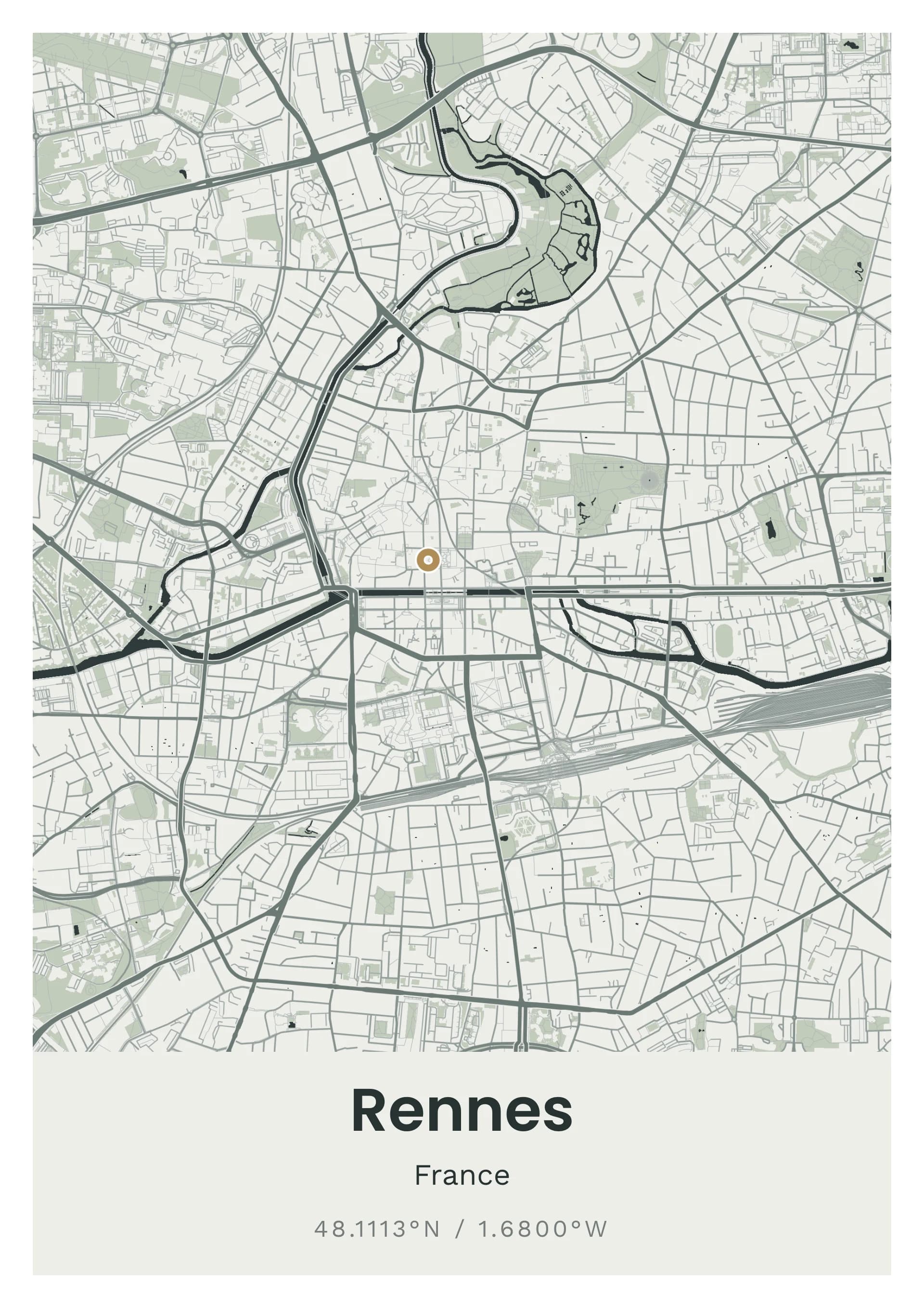 Affiche de Rennes, d’après la carte réelle, palette Schiste et ardoise, fond Épuré