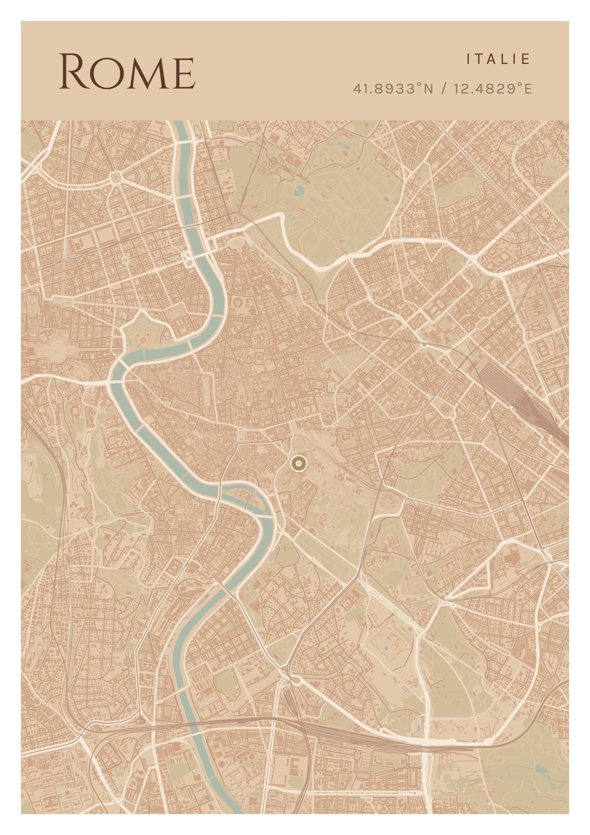 Affiche de Rome, d’après la carte réelle, palette Enduit romain, fond Détaillé