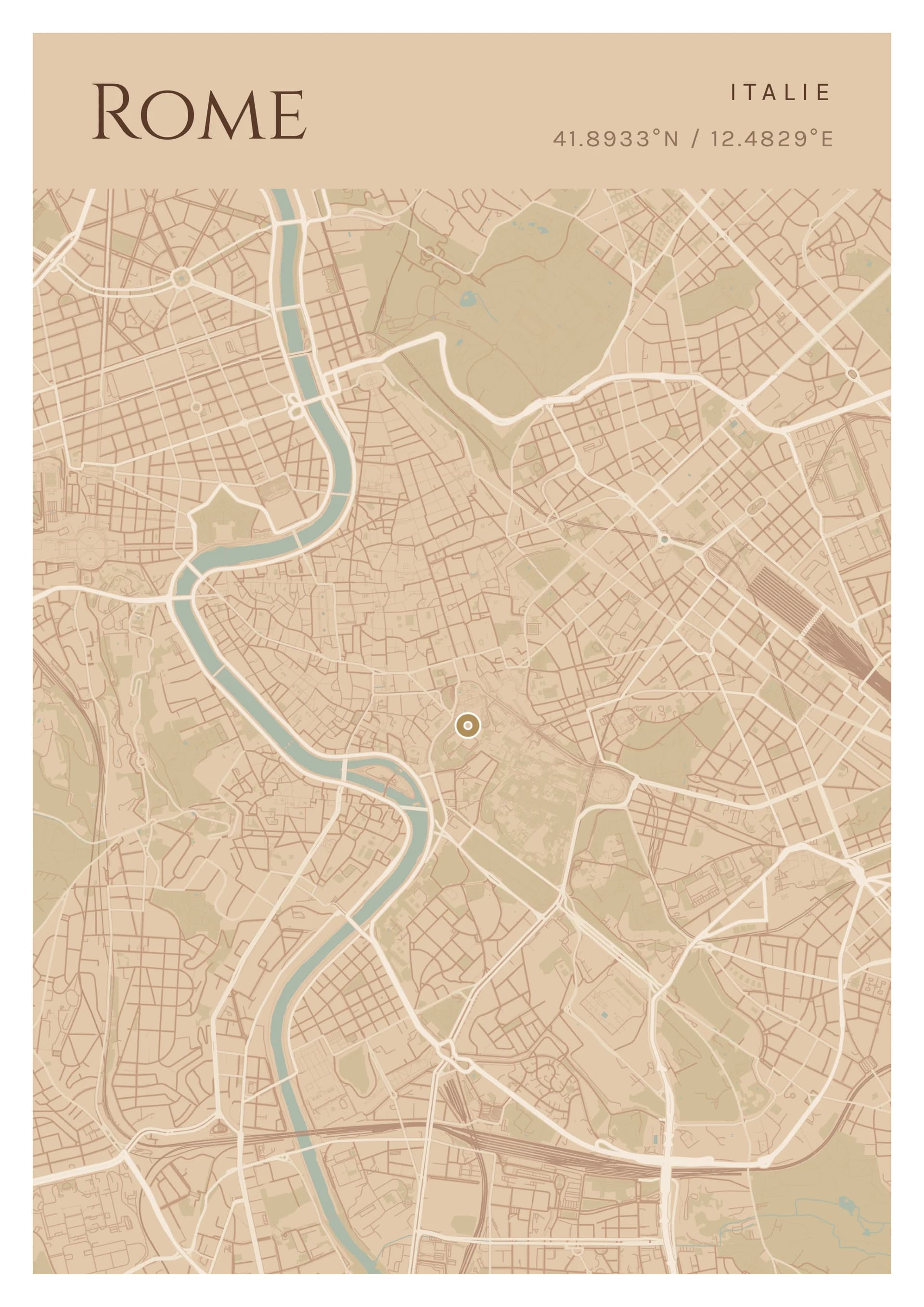 Affiche de Rome, d’après la carte réelle, palette Enduit romain, fond Épuré
