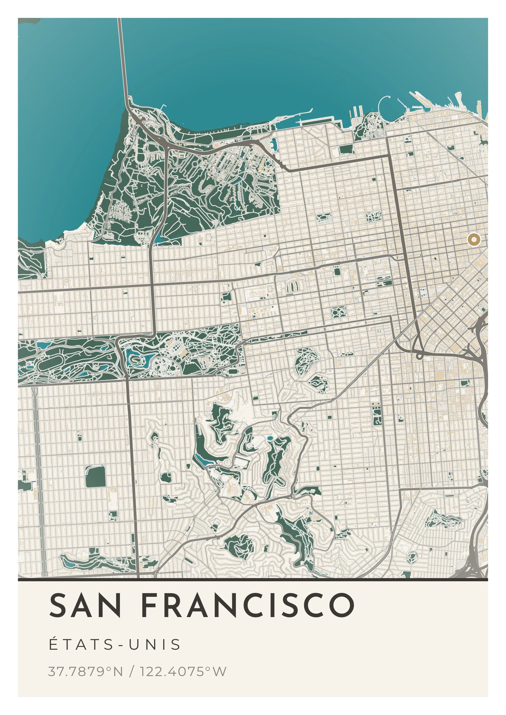 Affiche de San Francisco, d’après la carte réelle, palette Sable des dunes, fond Détaillé