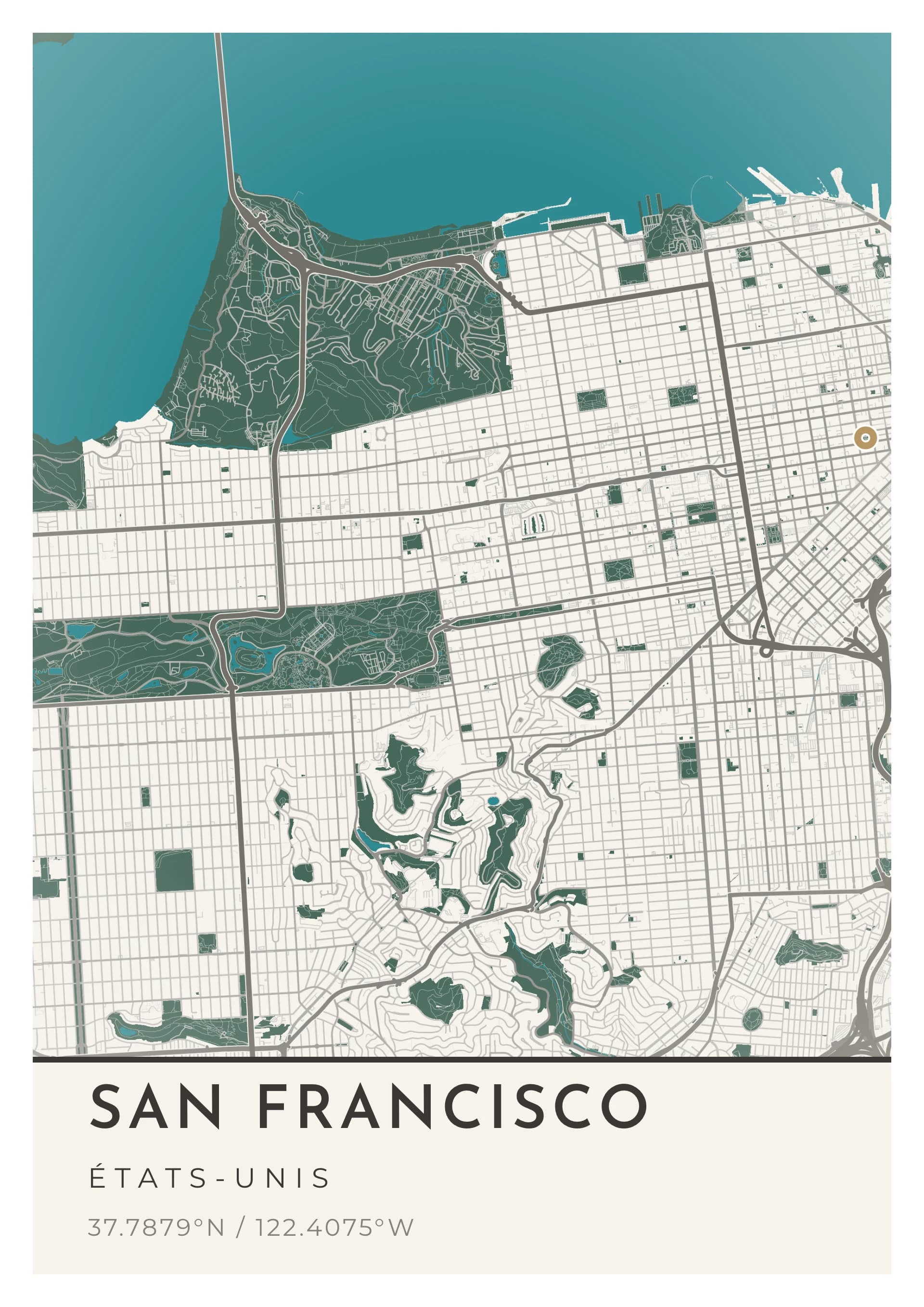 Affiche de San Francisco, d’après la carte réelle, palette Sable des dunes, fond Épuré