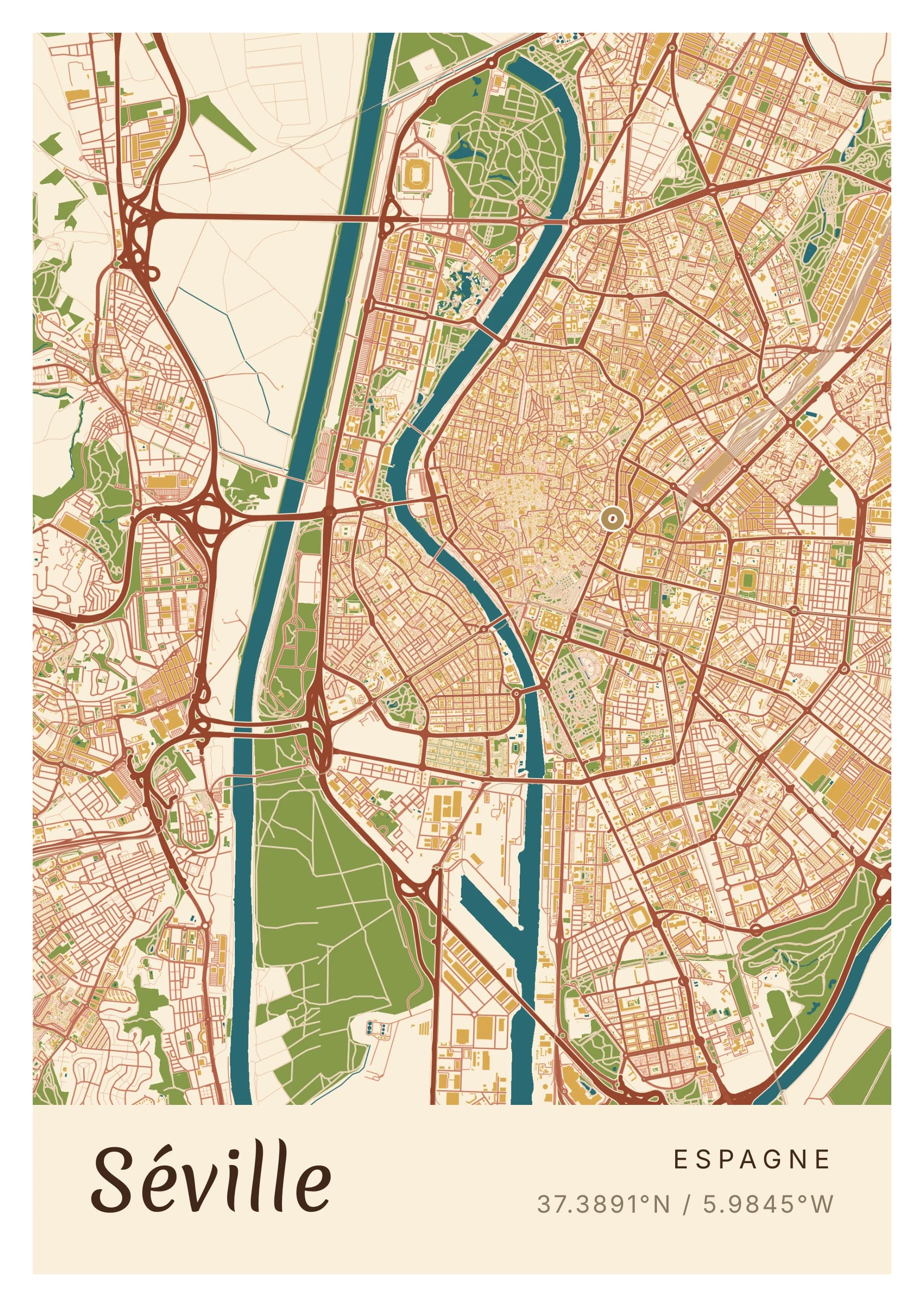 Affiche de Séville, d’après la carte réelle, palette Albero et almagra, fond Détaillé