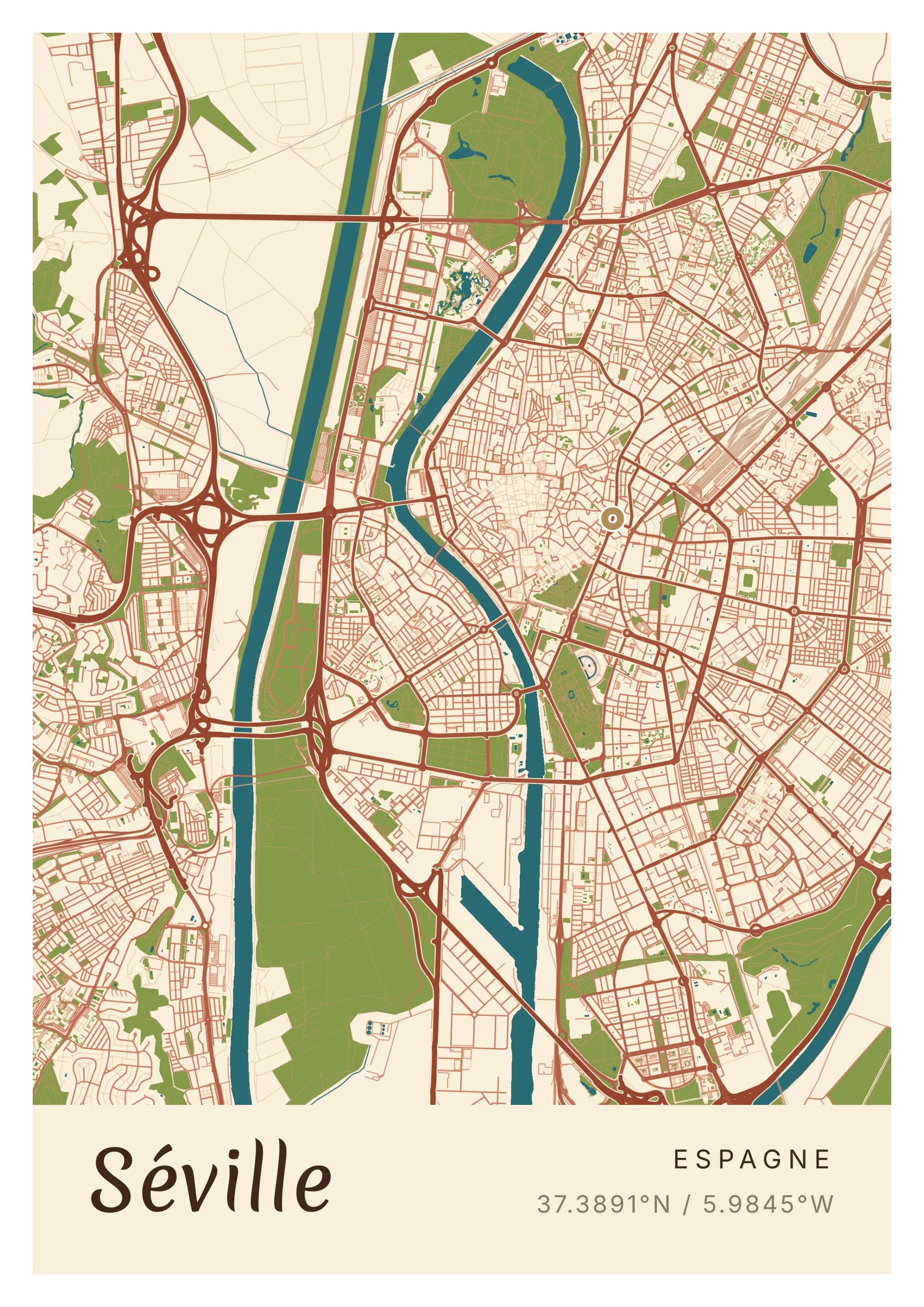 Affiche de Séville, d’après la carte réelle, palette Albero et almagra, fond Épuré