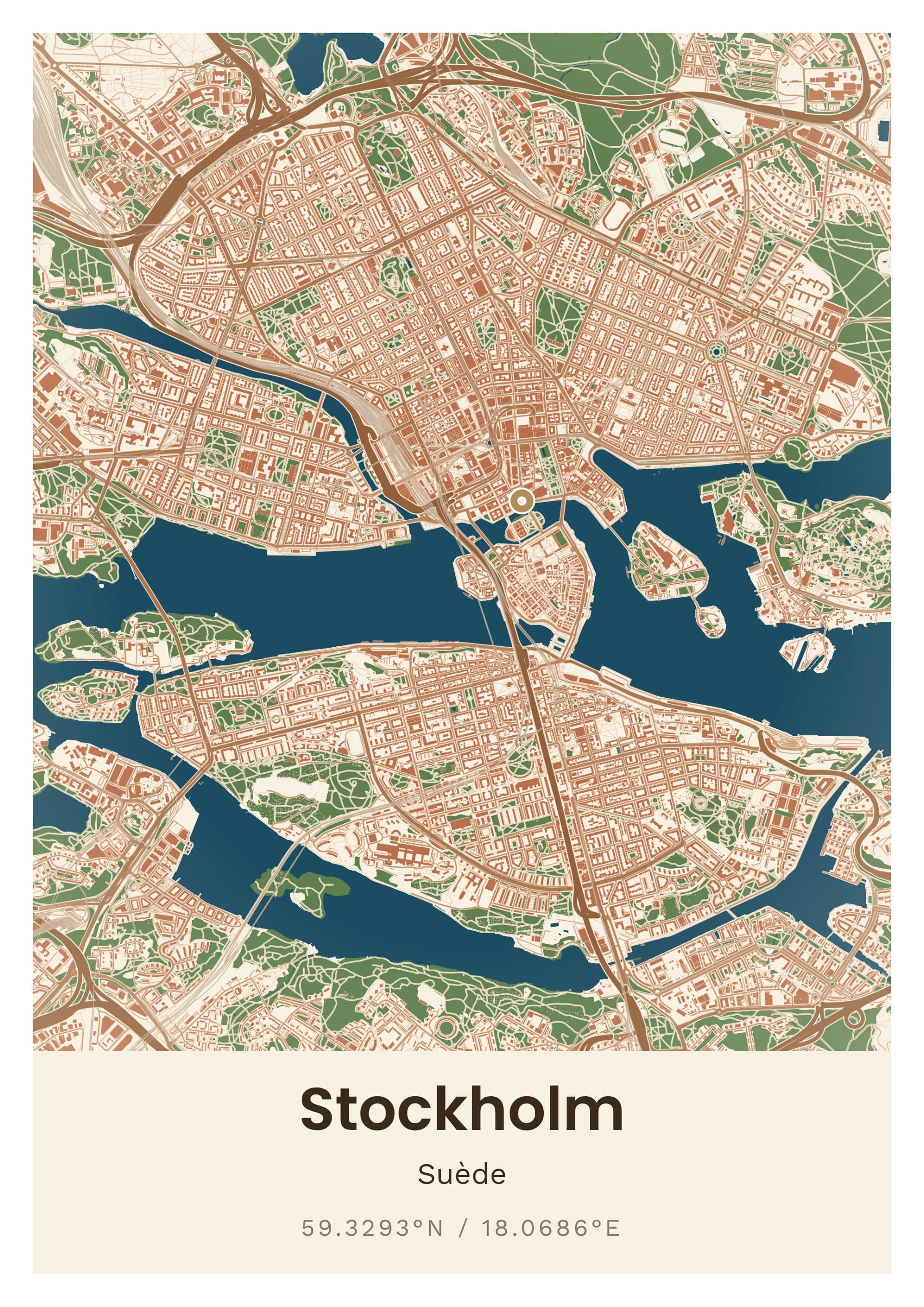 Affiche de Stockholm, d’après la carte réelle, palette Enduit de Stockholm, fond Détaillé