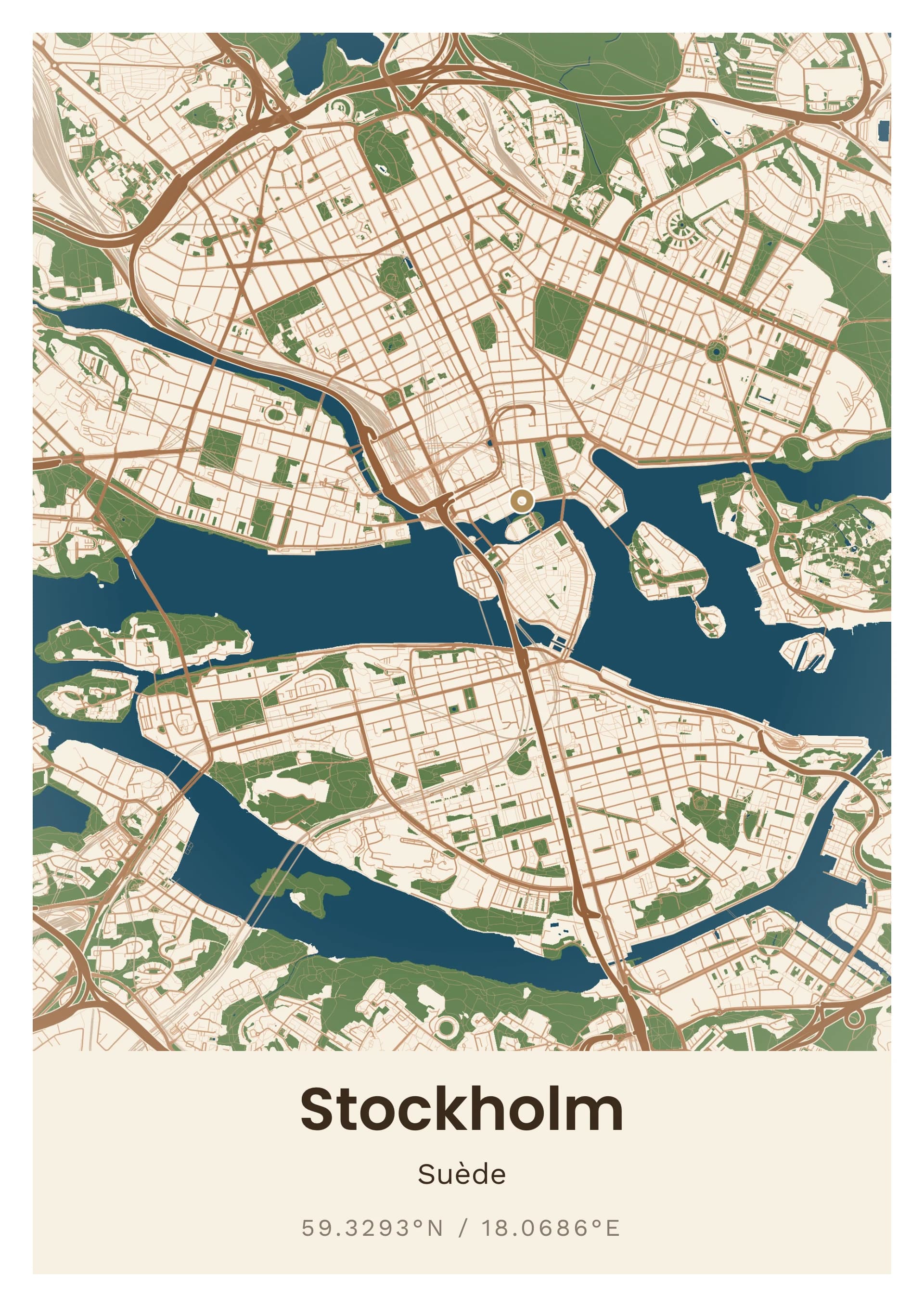 Affiche de Stockholm, d’après la carte réelle, palette Enduit de Stockholm, fond Épuré