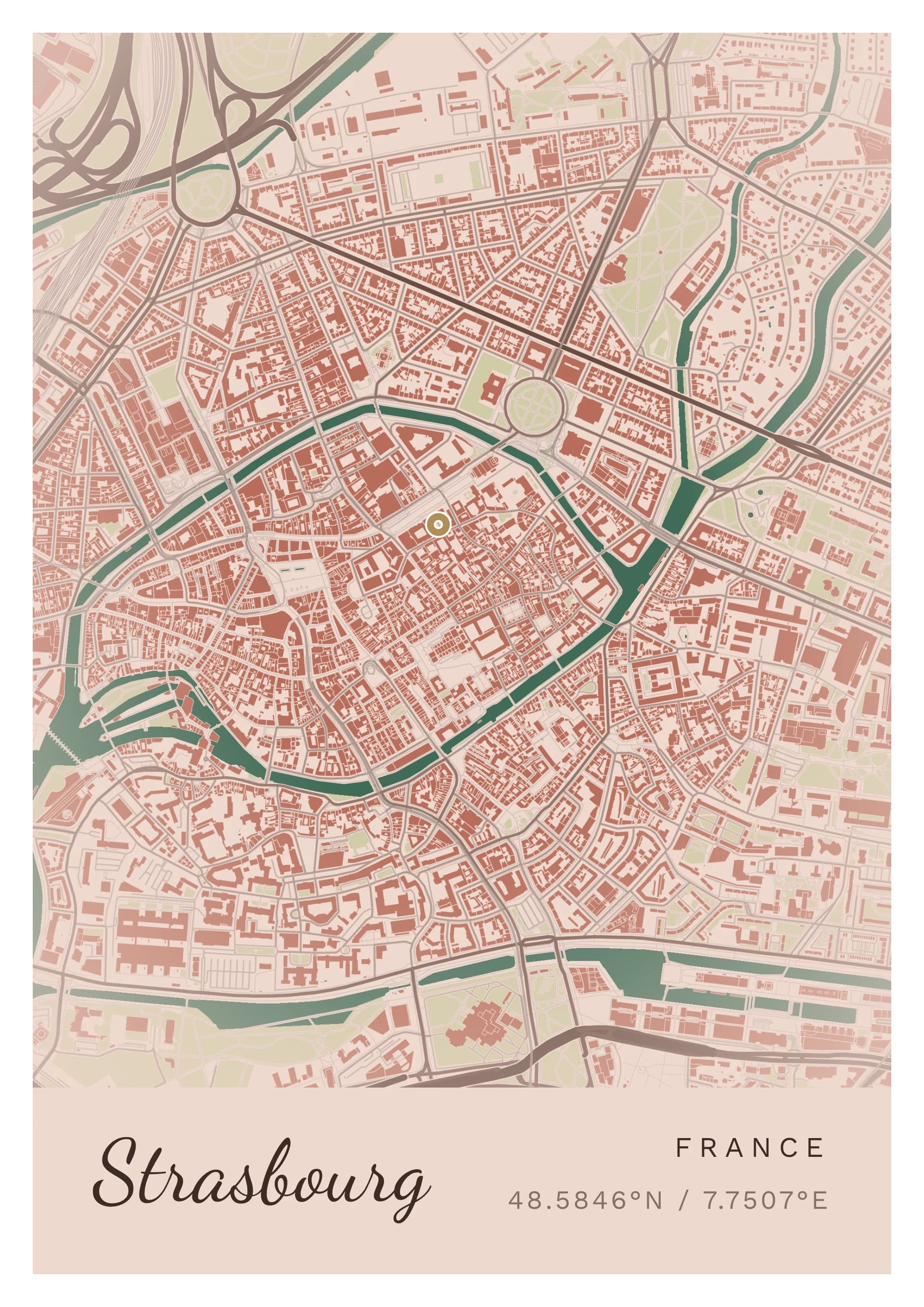 Affiche de Strasbourg, d’après la carte réelle, palette Grès rose, fond Détaillé