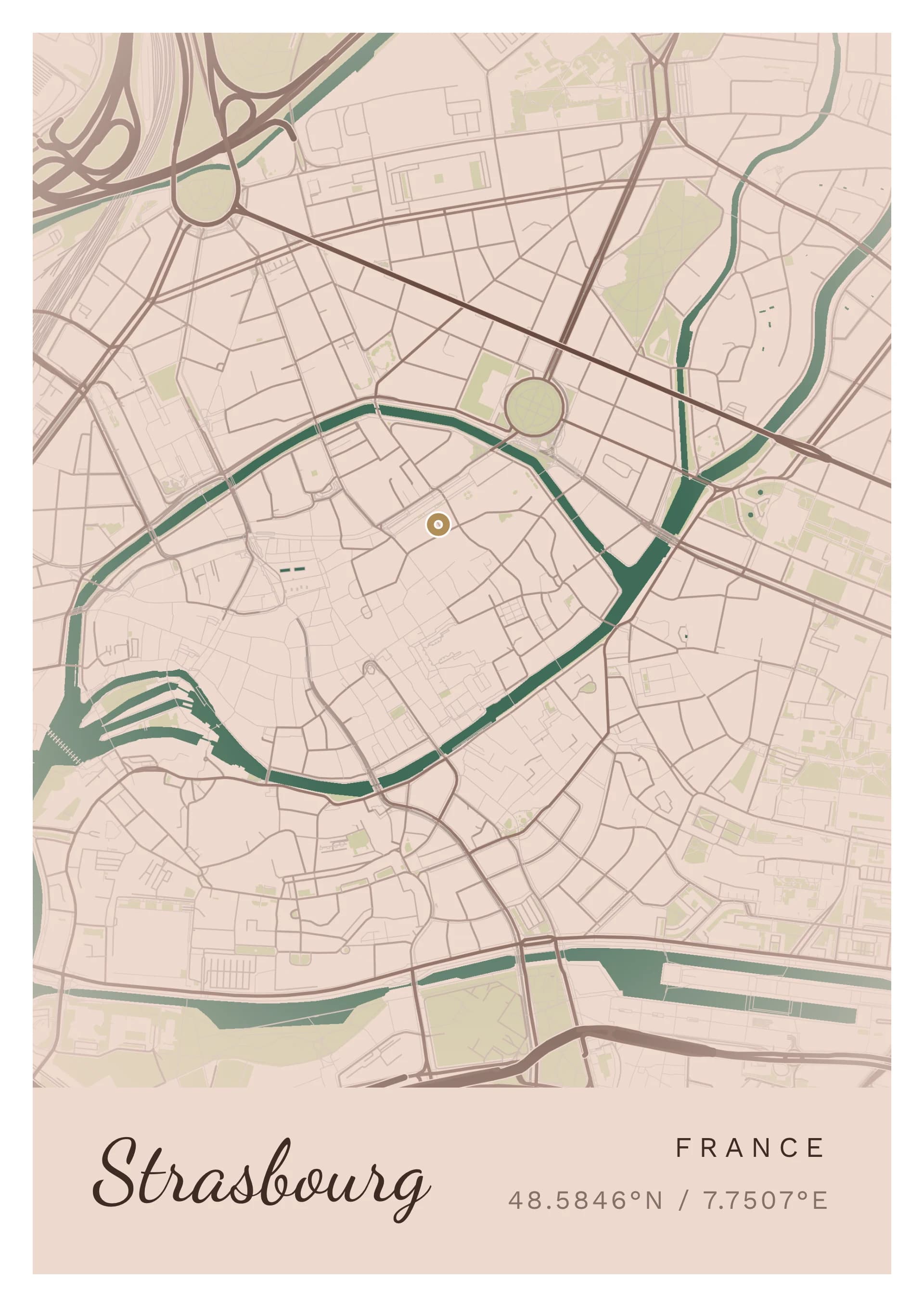 Affiche de Strasbourg, d’après la carte réelle, palette Grès rose, fond Épuré