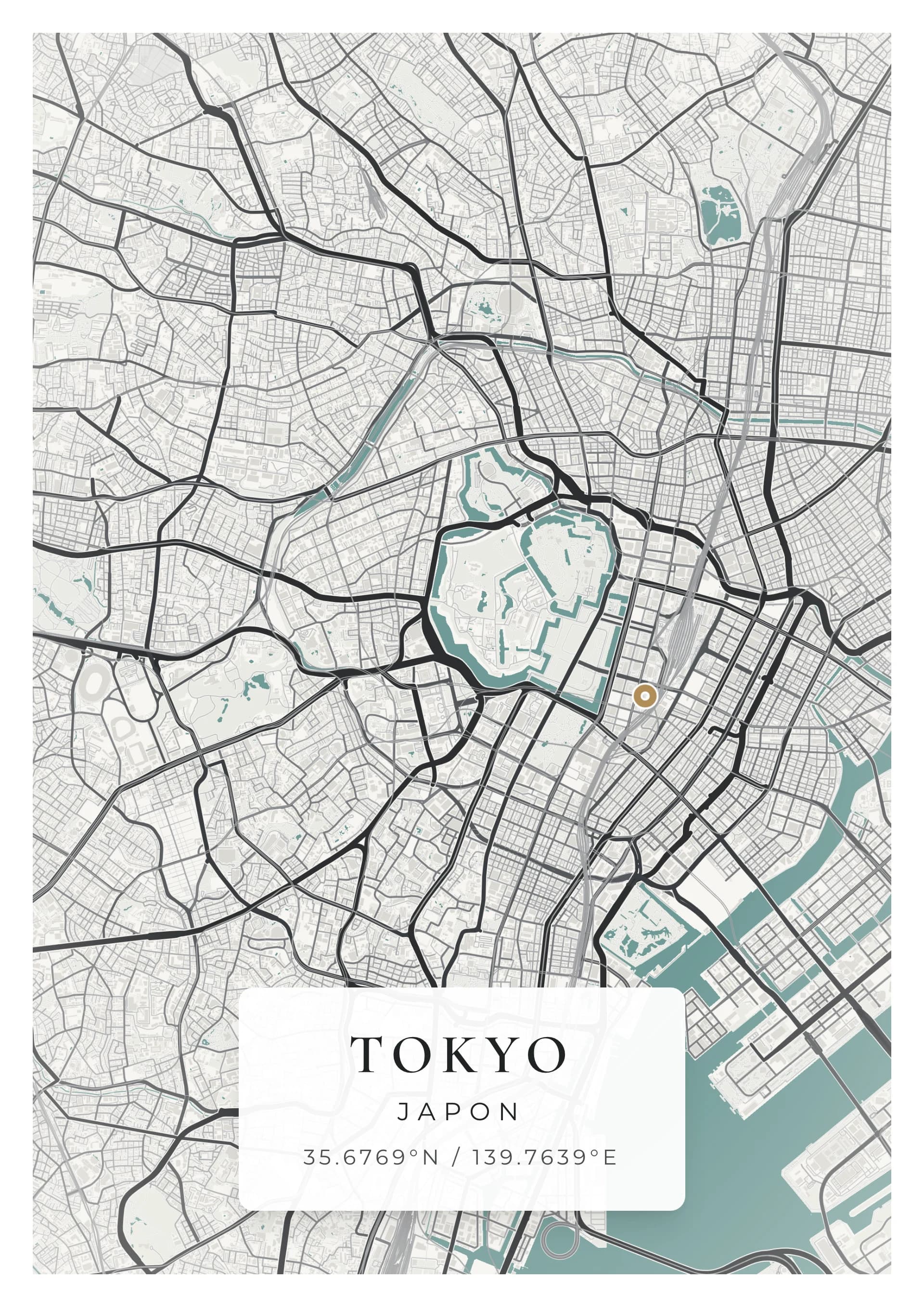 Affiche de Tokyo, d’après la carte réelle, palette Encre sumi, fond Détaillé