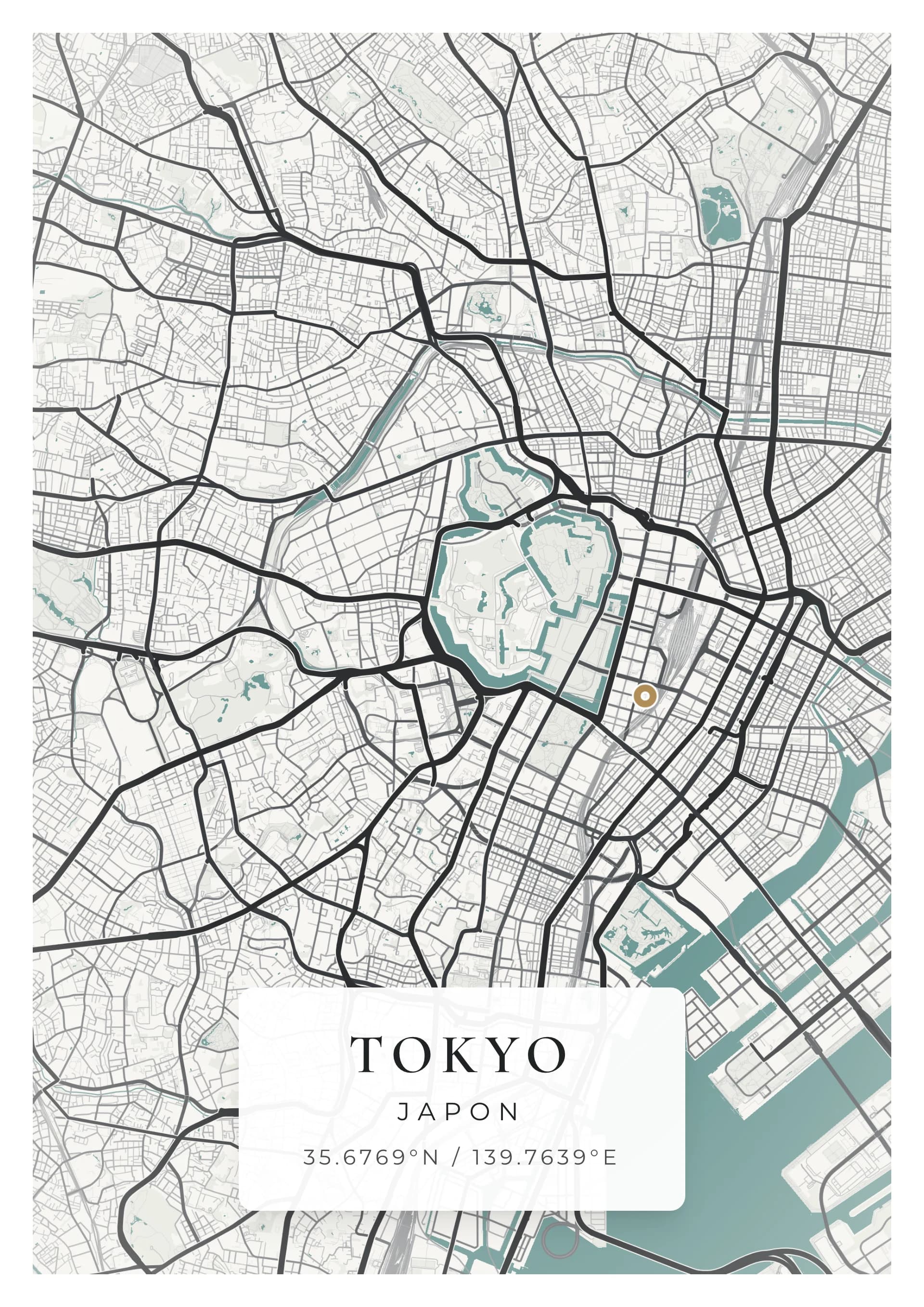 Affiche de Tokyo, d’après la carte réelle, palette Encre sumi, fond Épuré