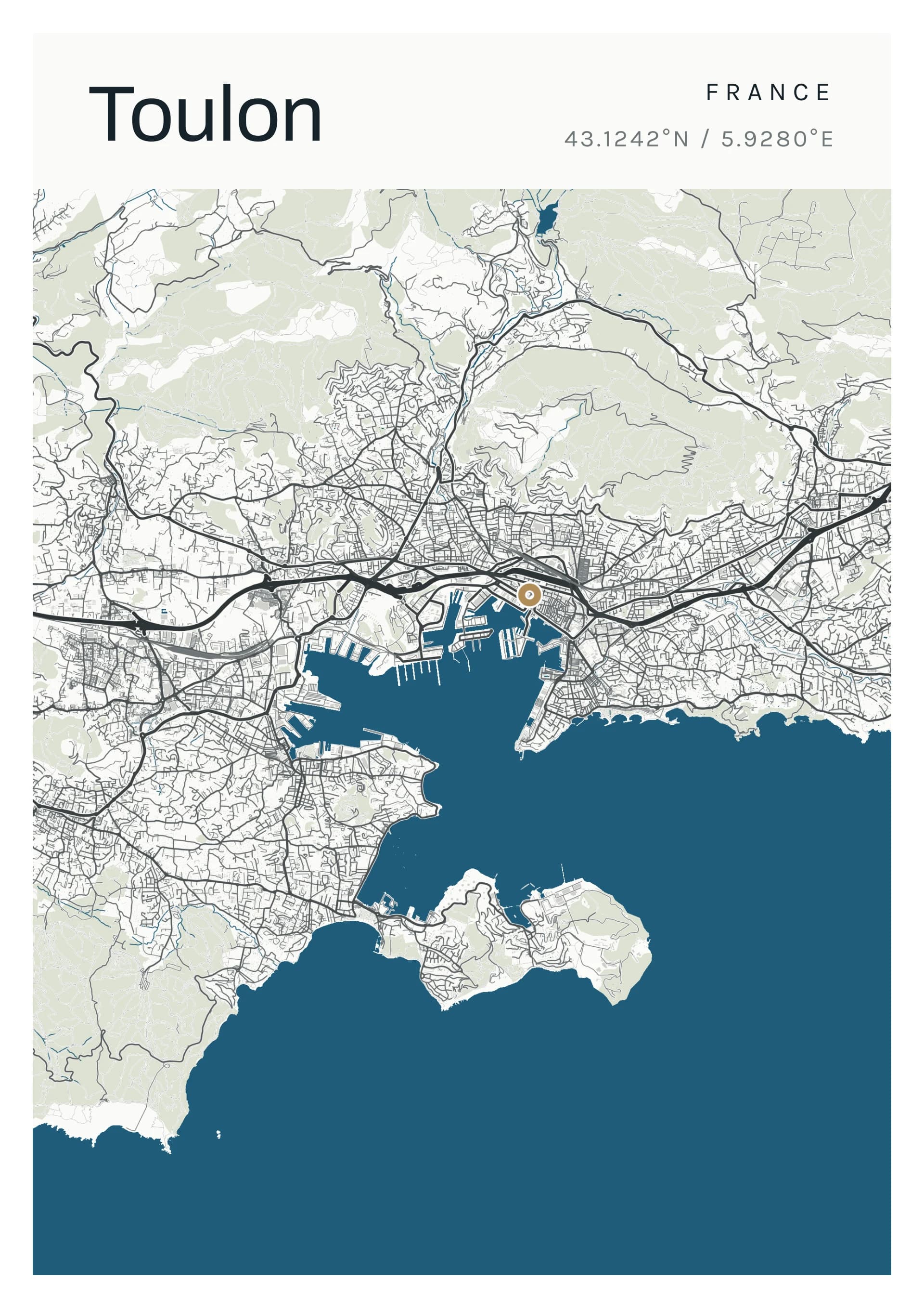 Affiche de Toulon, d’après la carte réelle, palette Faron, fond Détaillé