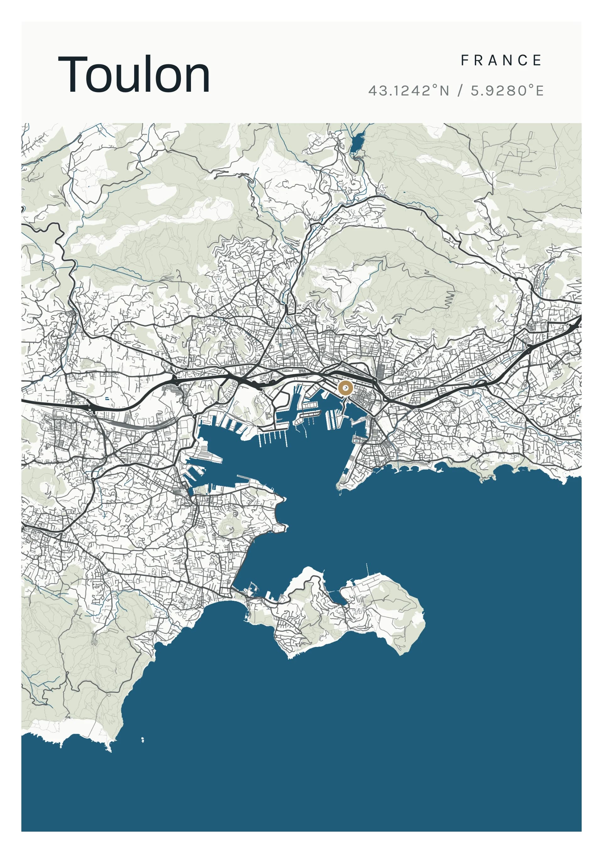 Affiche de Toulon, d’après la carte réelle, palette Faron, fond Épuré