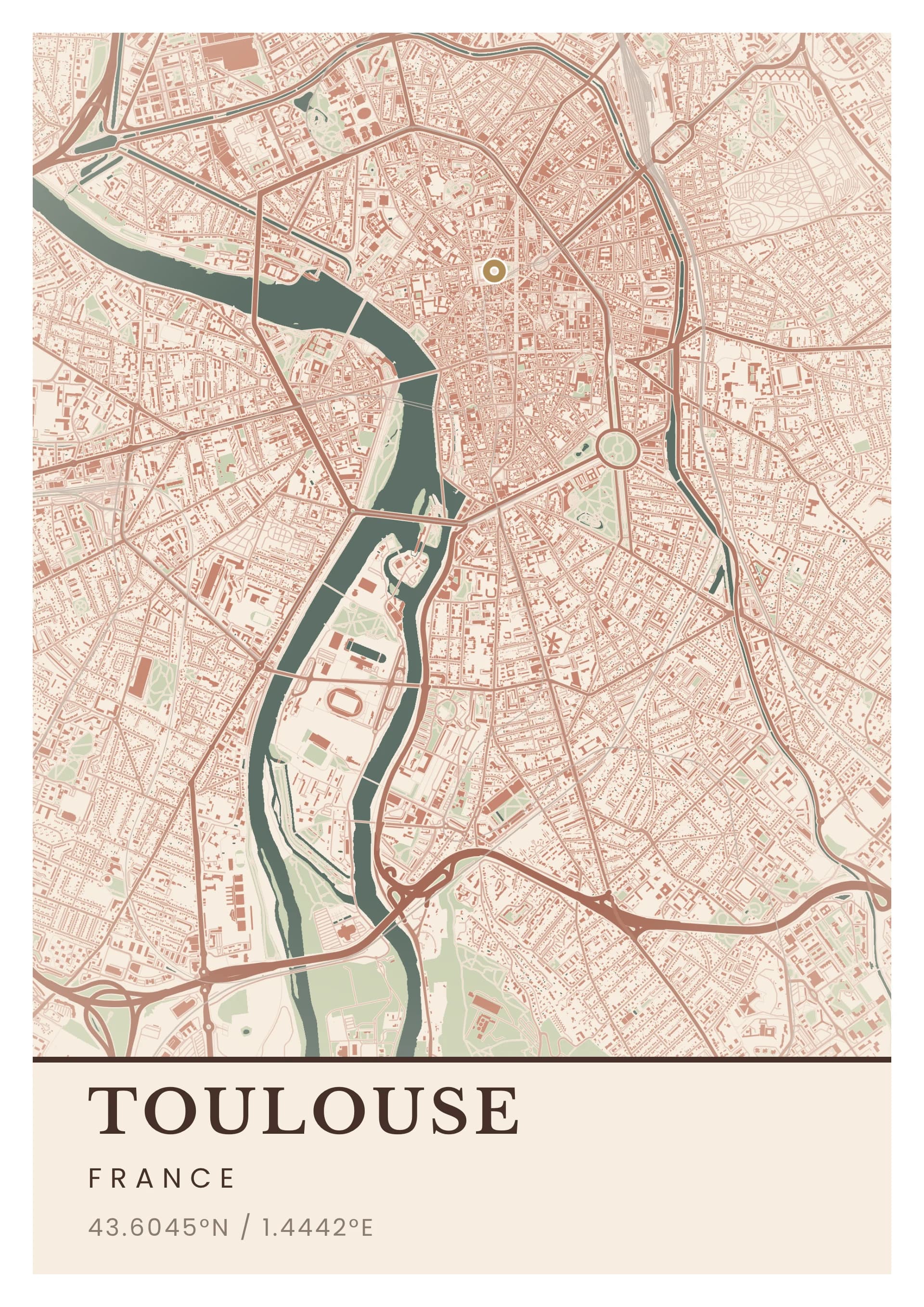 Affiche de Toulouse, d’après la carte réelle, palette Brique foraine, fond Détaillé