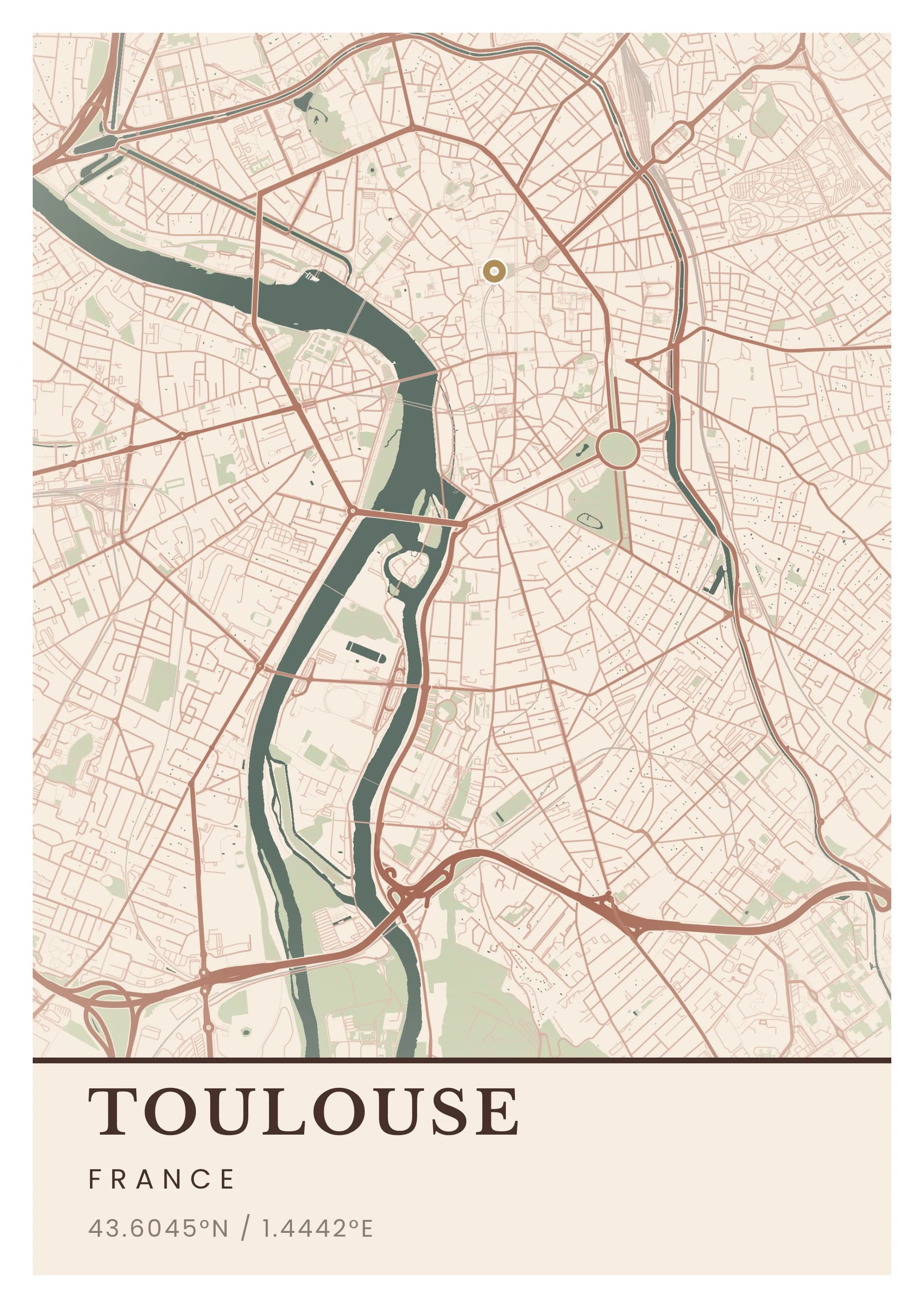 Affiche de Toulouse, d’après la carte réelle, palette Brique foraine, fond Épuré