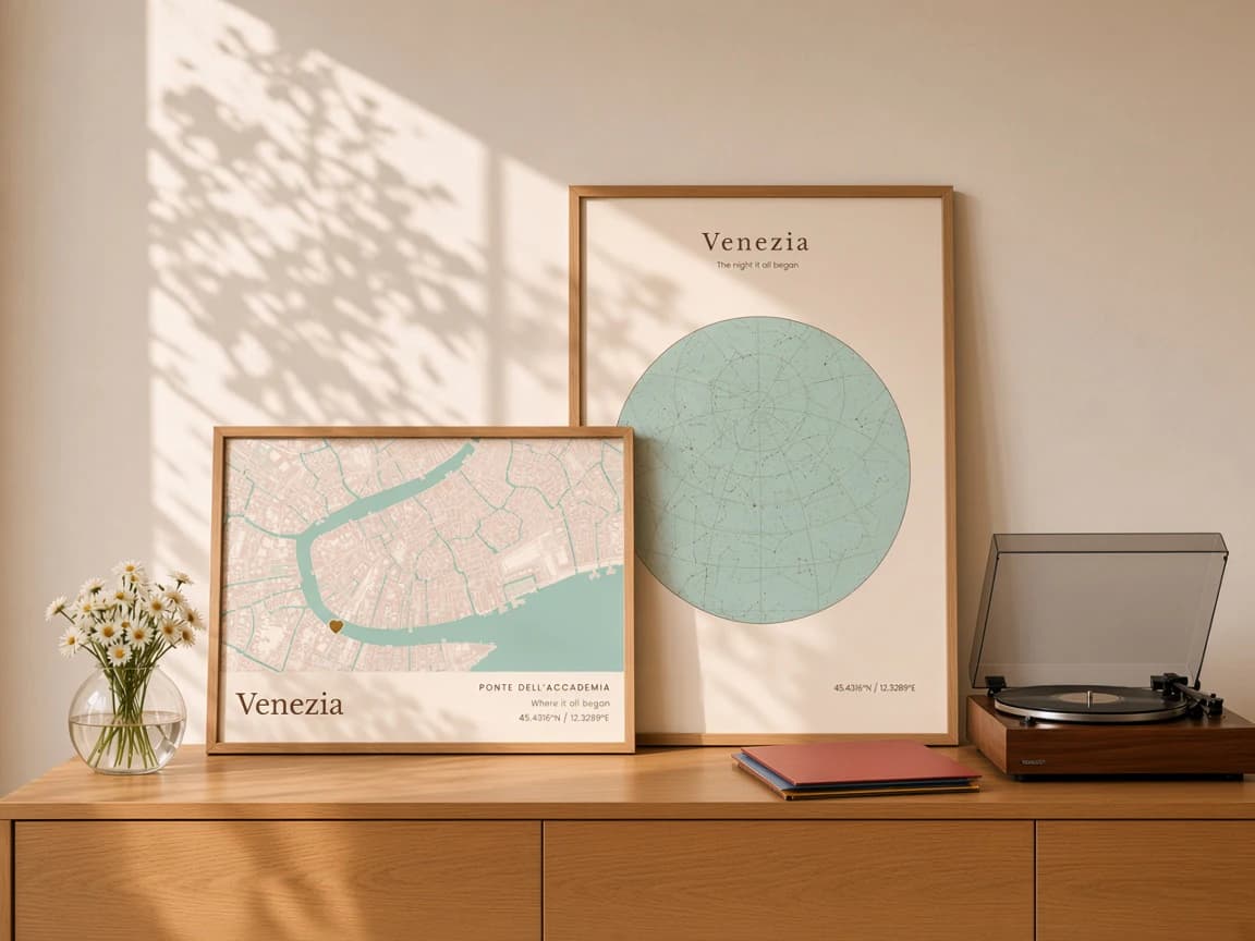 Dos obras apoyadas en una consola de madera clara: el mapa de Venecia, un corazón sobre el puente de la Accademia, y el cielo de esa misma noche.
