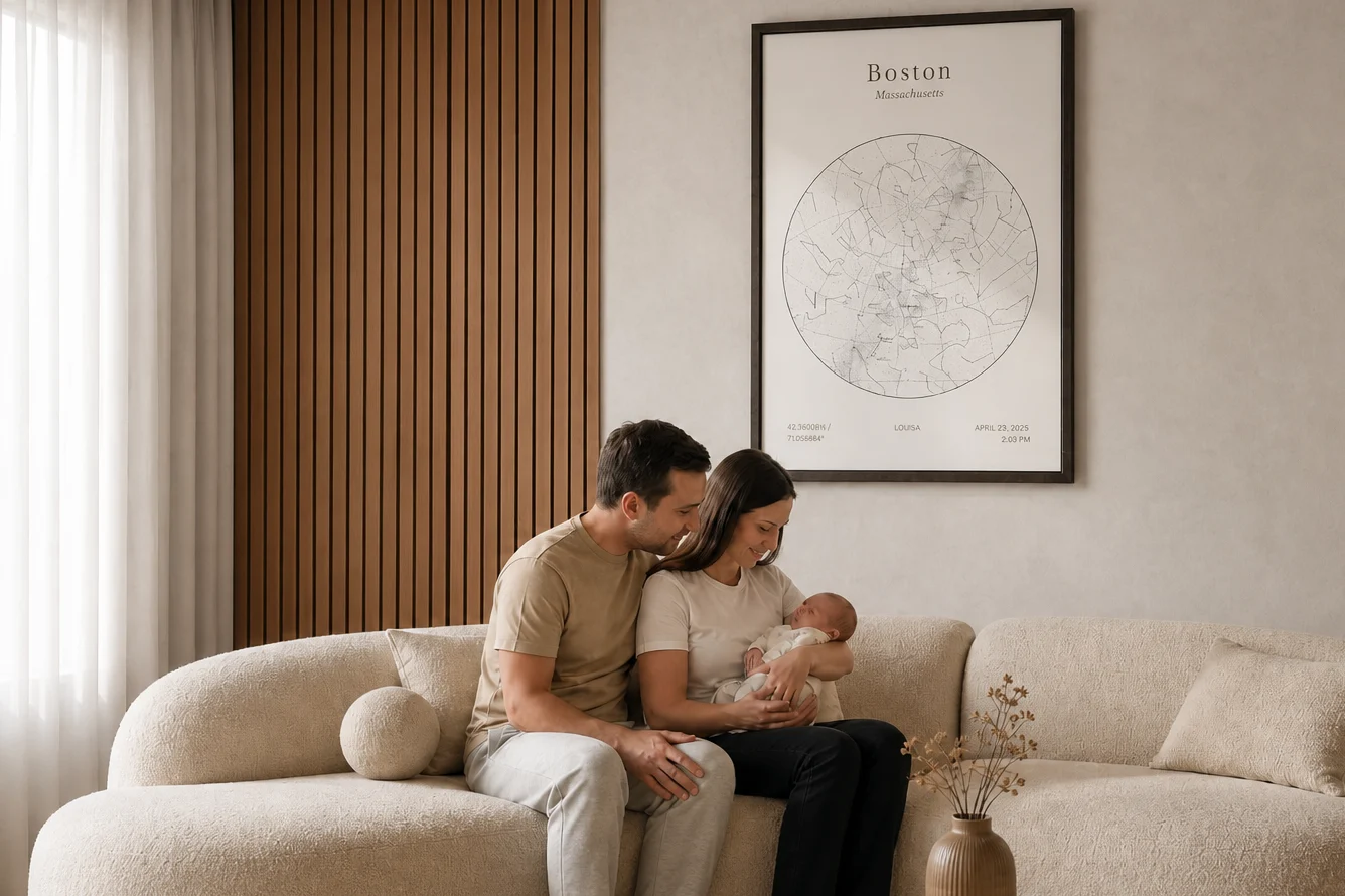 Une carte du ciel de Boston encadrée au mur d’un salon, au-dessus de parents et de leur nouveau-né.