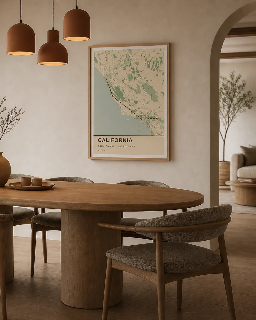 Une carte de Californie encadrée, dans une salle à manger