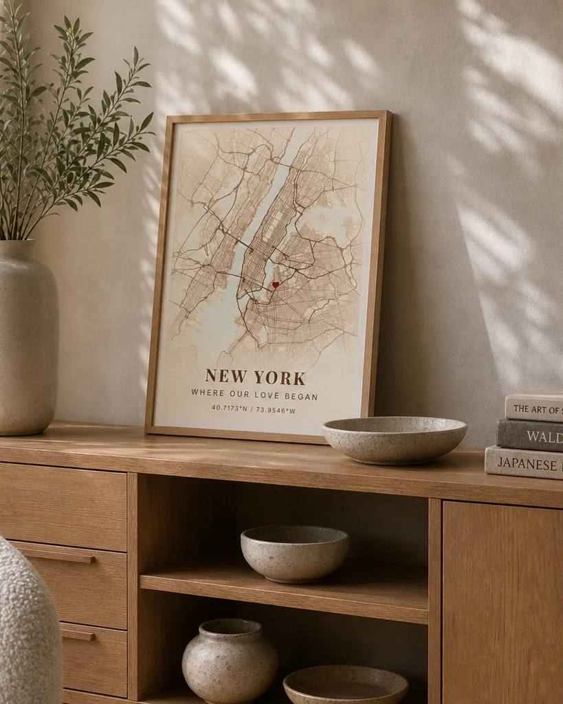 Une carte de New York encadrée, posée sur un buffet en chêne