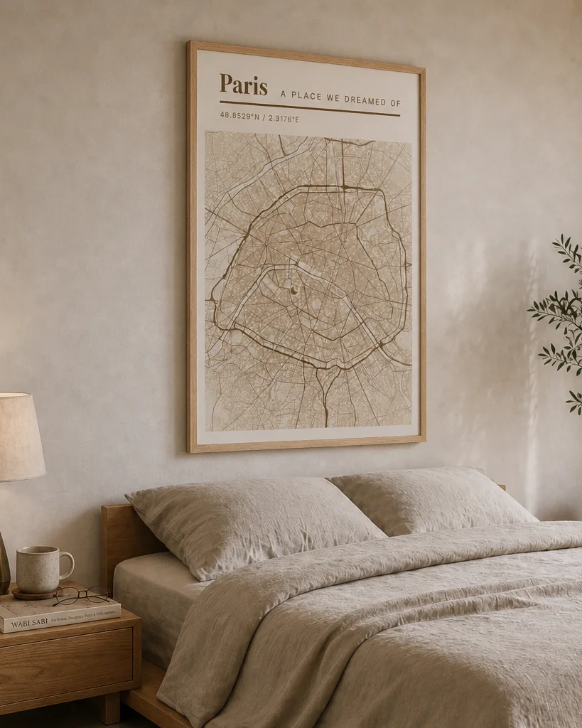 Une carte de Paris encadrée en chêne, au-dessus d’un lit en lin