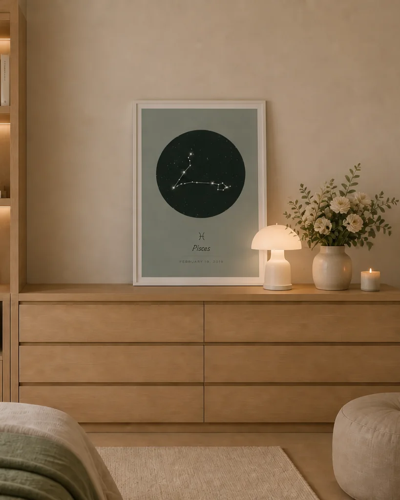 Un signe encadré posé sur une commode, à côté d’une lampe et de fleurs