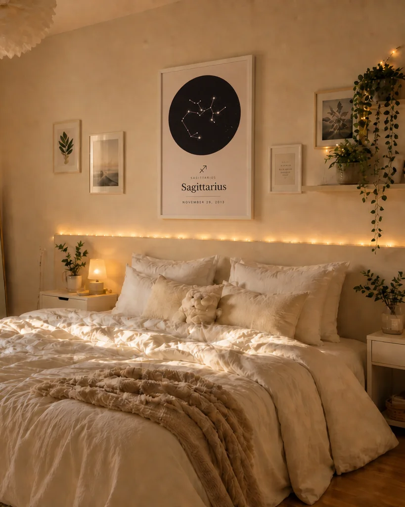 Un signe encadré au-dessus d’un lit, dans une lumière du soir
